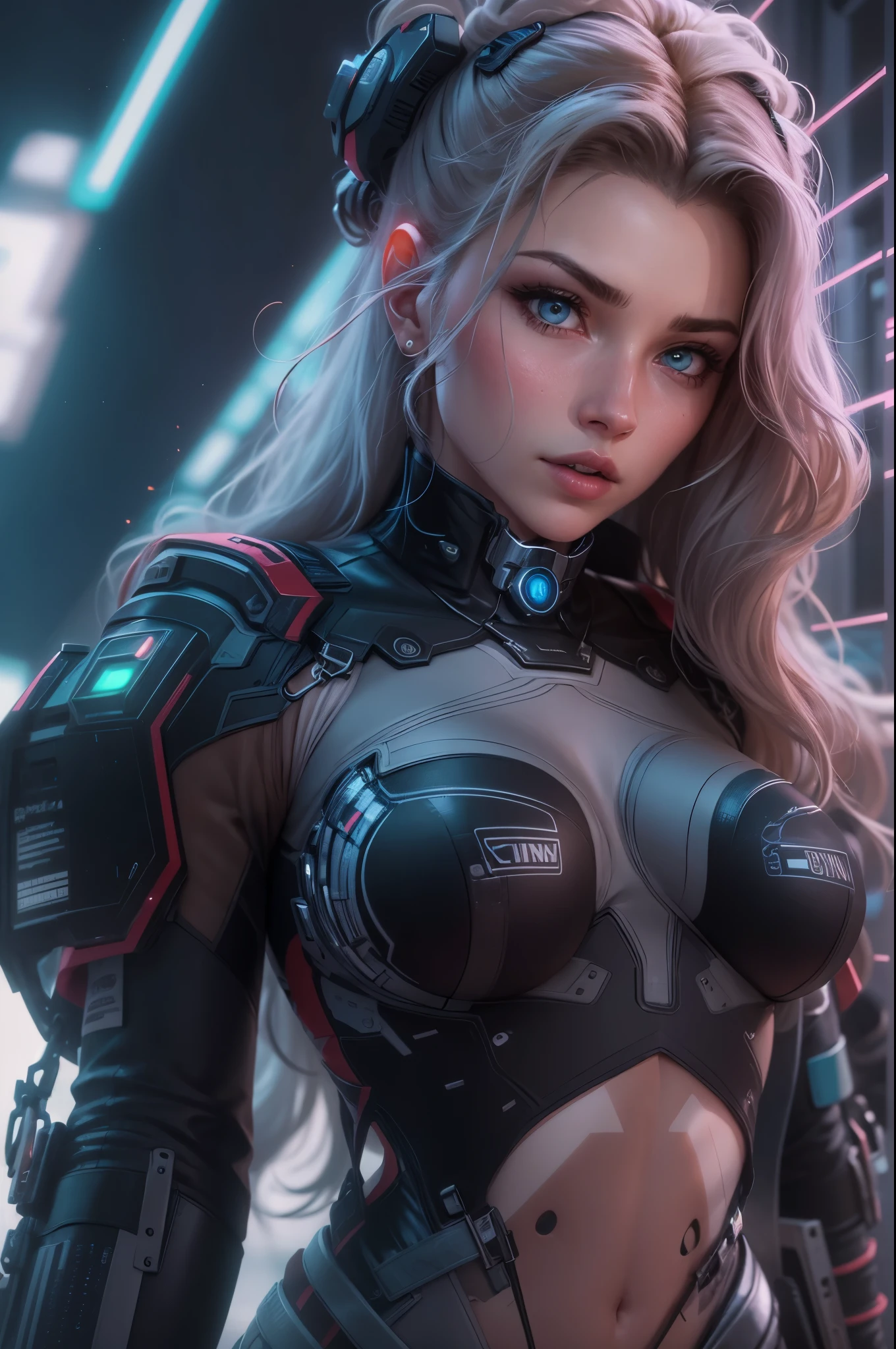 1girl,Future technology clothing，（Latex tights：1.3），（Luminous array lights on clothes），Soft light，Mechanical belt，（high-tech weapon：1.3），Future technology hair bundle，Android，Super Soldier，dynamic poses，shooting，Holographic screen background，Super stunning graphics，super wide shot，best quality，masterpiece，8k，Unreal 5 rendering，High chiaroscuro，