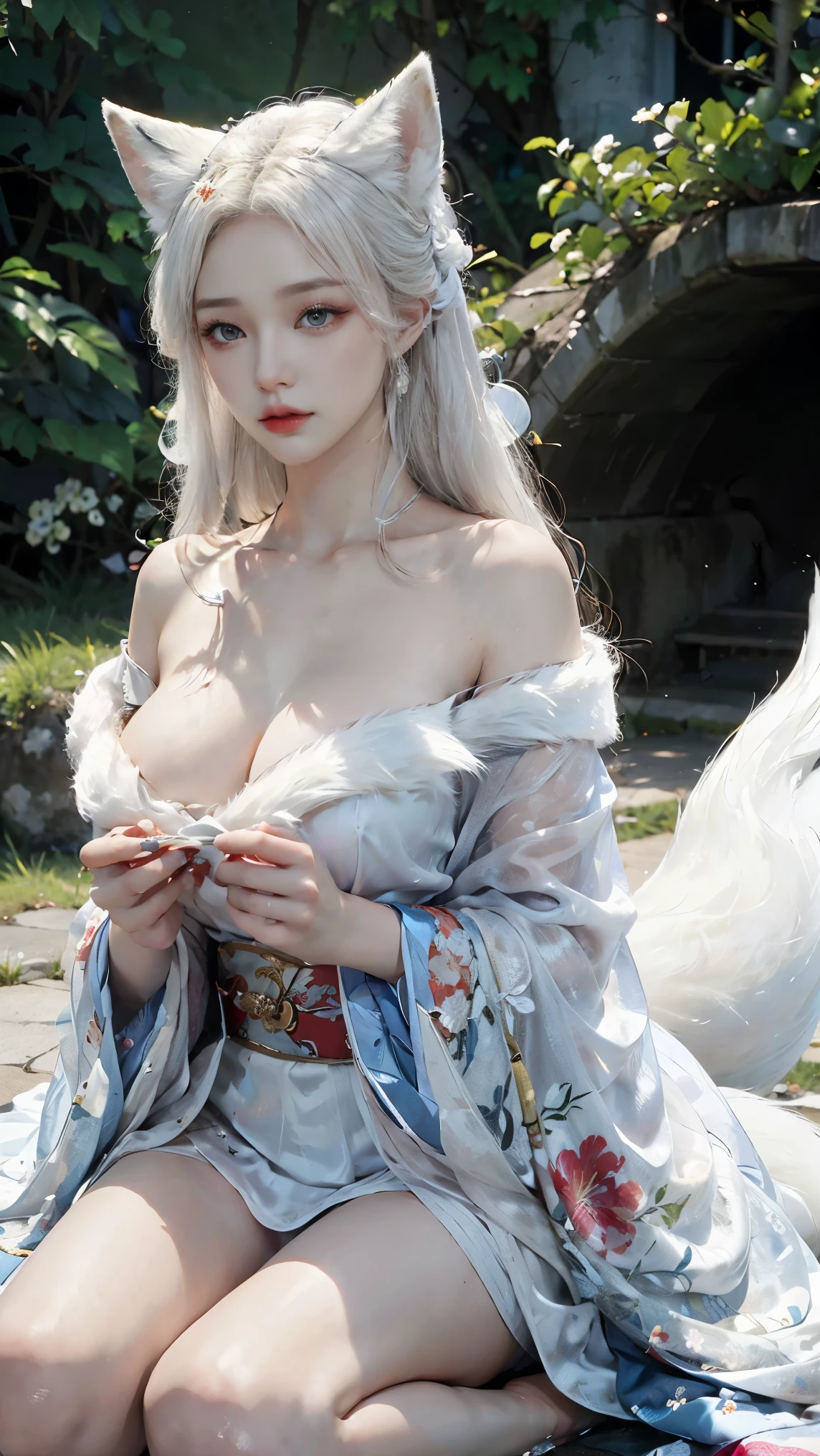 one nine-tailed fox girl wearing a kimono with her chest almost exposed, Beutiful blue eyes, skin white,pale skin, white kimono, very long white hair, fox ears, nine fox tails, chest almost visible, very large chest, very big chest 