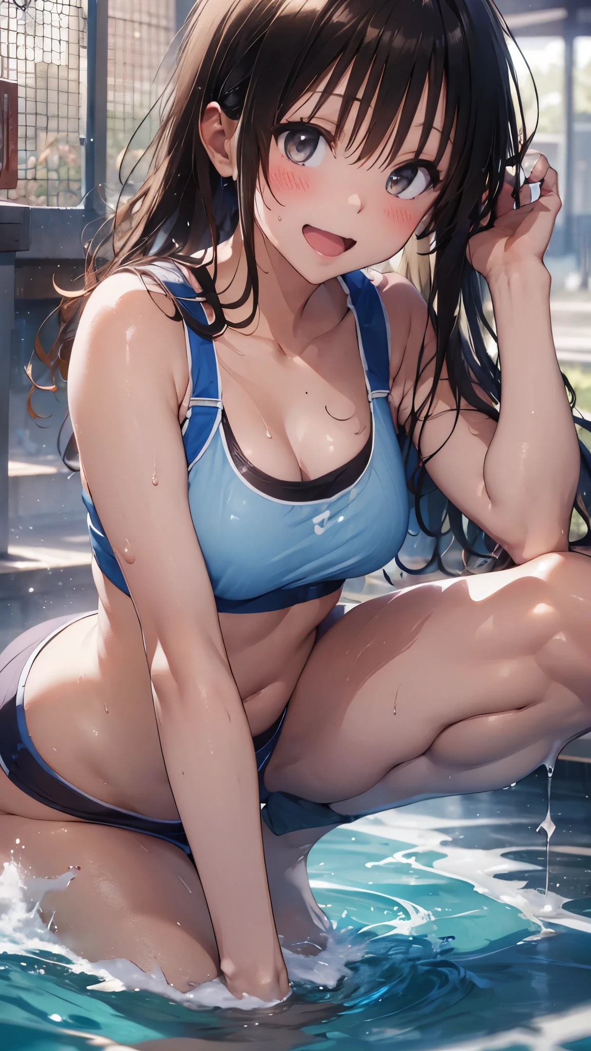 1 female,black hair,((************)),(((White and blue sports bra and shorts)))(((blush、open mouth smile)),(((Yuki Mikan))),crowd(Baby girl body shape)(((small breasts)))squat,((wet with sweat))Outside playground,Mansuji