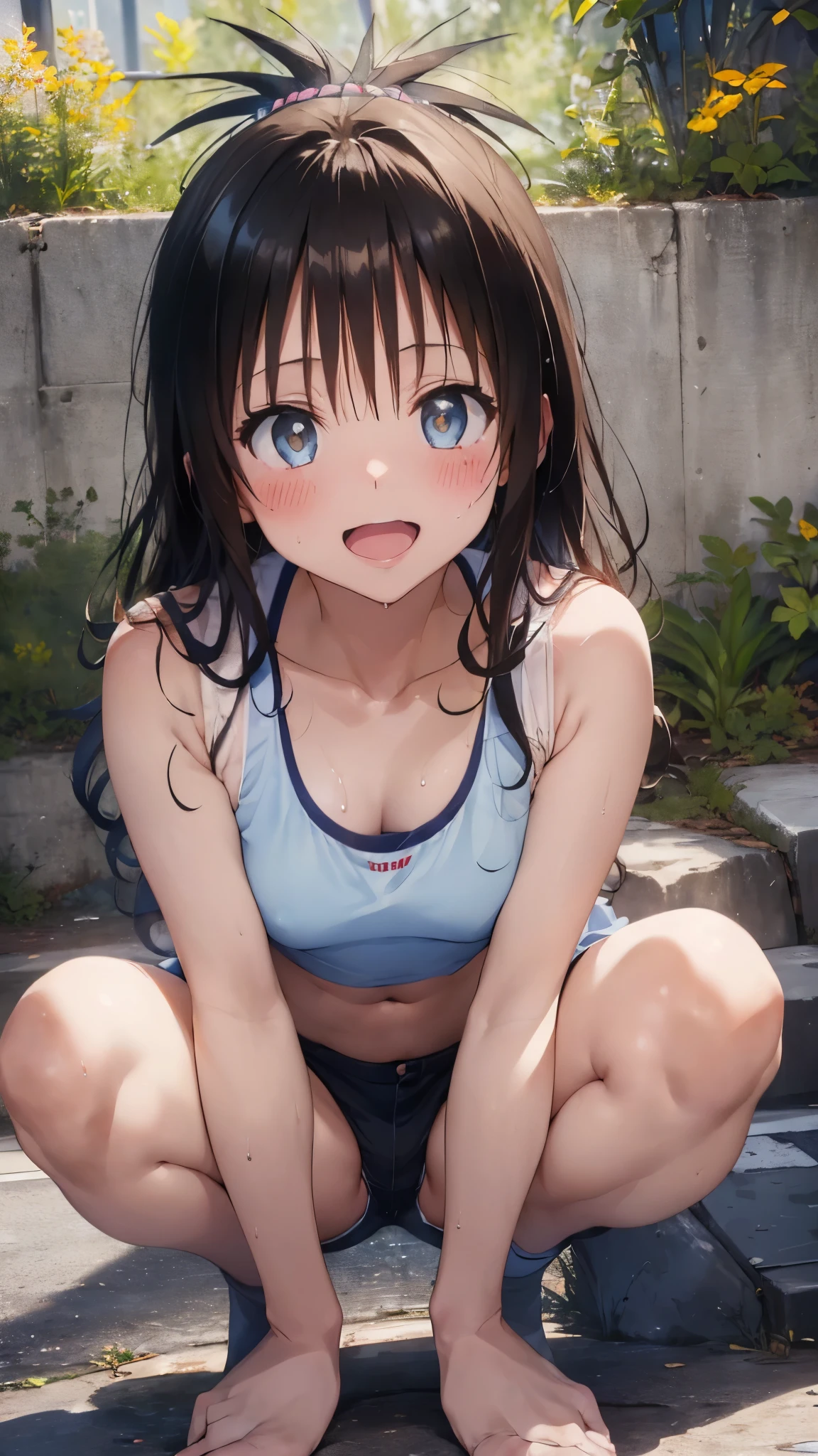 1 female,black hair,((************)),(((White and blue sports bra and shorts)))(((blush、open mouth smile)),(((Yuki Mikan))),crowd(Baby girl body shape)(((small breasts)))squat,((wet with sweat))Outside playground,Mansuji