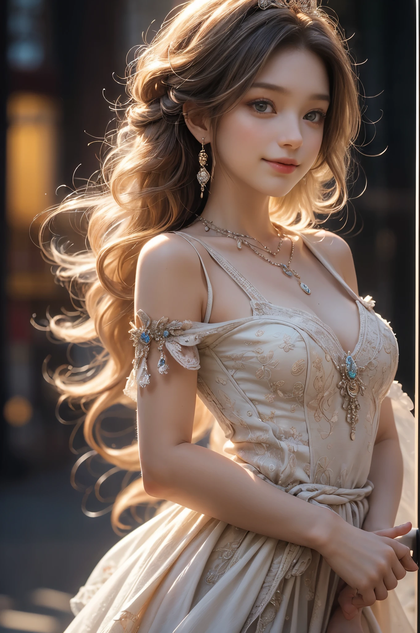 ((RAW shooting:1.5, realistic:1.5, 8K, highest quality, masterpiece, ultra high resolution)), Inside the luxurious British Royal Palace, professional camera work:1.3, Highly detailed skin and facial textures:1.3, glow light effect, Super detailed:1.3, cute  british princess, Fair skin, Glossy skin, (elegant:1.4, small face), Ultimate Cute Face:1.5, (cute eyes:0.9, looking far away), smile:1.0, (mouth is slightly open:0.4, Clean and refreshing taste:0.7), double eyelid, ((super long white blonde curly hair)), tiara, necklace and earrings, ((elegantで光沢のあるサテンのプリンセスドレスをオフショルダーで正しく着こなす方法)), big breasts, cowboy shot, ((sunrise, sunlight shining from behind:1.6, Strong sunlight spreads across the screen:1.6)), ((Strong sunlight shines on a woman:1.7))