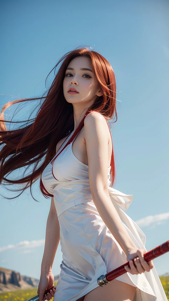 Young woman, white dress, red cloth, (red hair, long hair, long hairมาก), (big breasts, big breast, breast augmentation), (small waist, thin body), (majestic, Charming Succubus), (Short white dress, Tight fitting, golden patterns), (red shirt, Floating robe), (Low angle shot, Walking Pose), (sky backdrop, cliff, meadow), (holding sacred weapons)