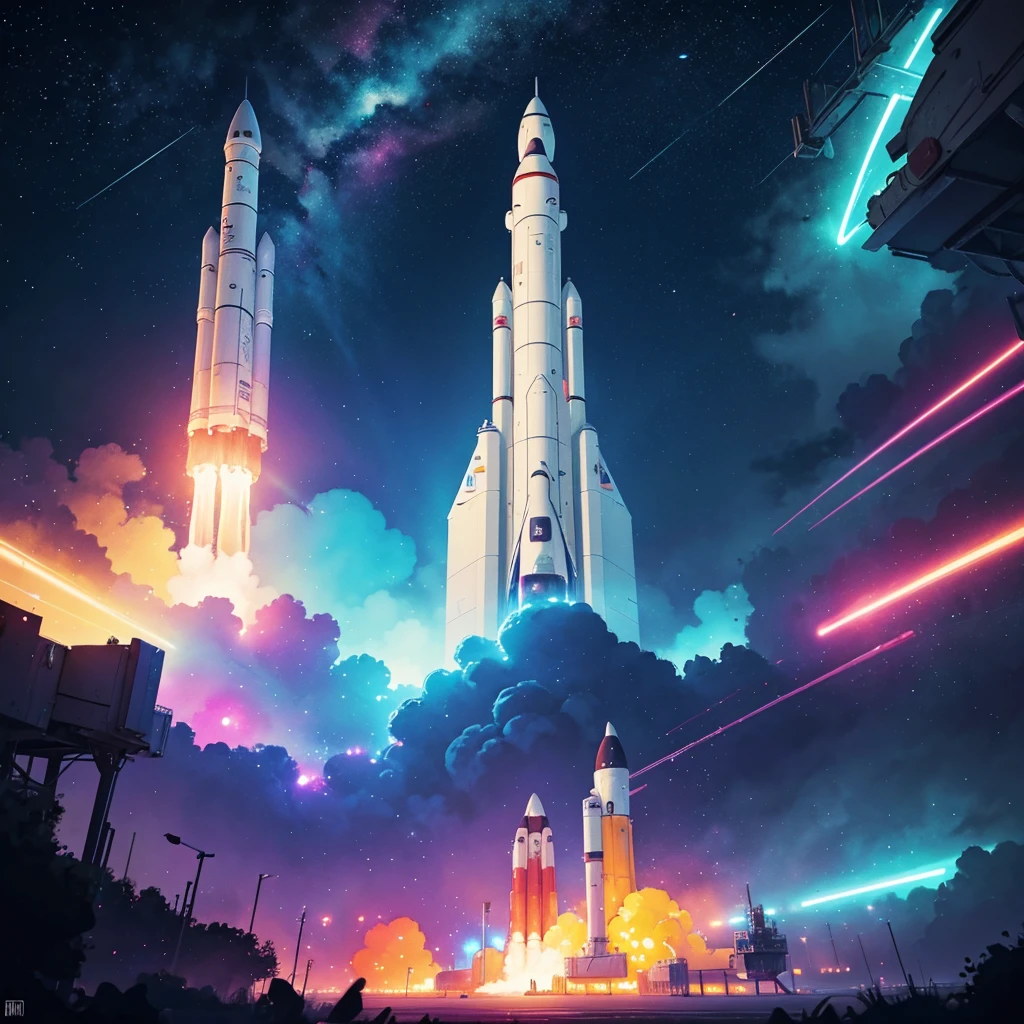 abstract watercolor picture of 1 space rocket taking off, colorfull, neon lights, best quality, dynamic perspective, hype feeling
