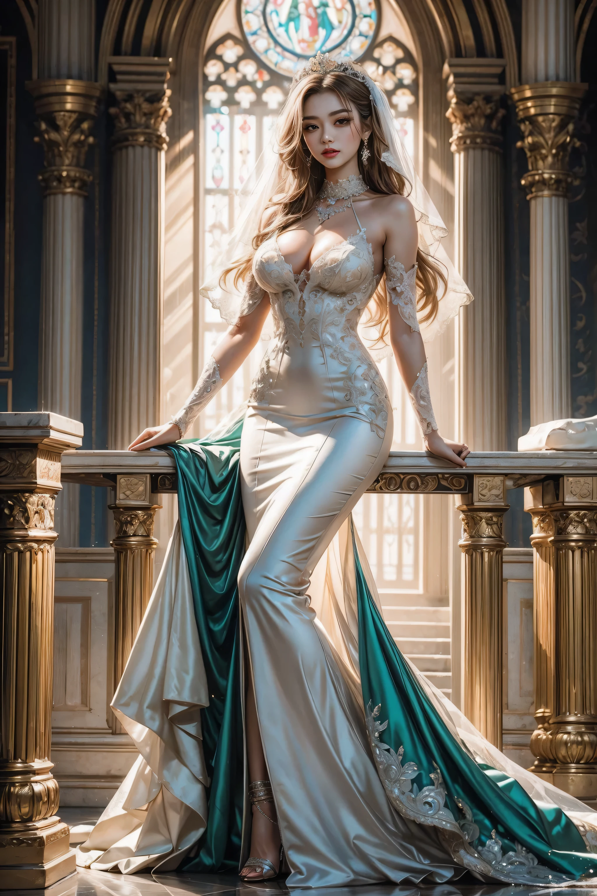 real photography,perfect masterpiece,Wedding photography,Asian perfect women,attractive woman,Supermodel body and shape,light blonde hair,clear hair,Careful hair texture(Premium hair details:1.1)Beautiful and exquisite的眉毛和睫毛,big eyes,light brown eyes,red lips,perfect lip shape,clear skin texture,hydrated skin(Advanced facial details:1.1)perfect face,South Korea'Top supermodel,Supermodel body,perfect face,South Korea'Top supermodel,Supermodel body,Golden ratio chart(Real and perfect body shape:1.1),(Extremely exquisite and beautiful work:1.1)a very beautiful woman,Have perfect body proportions,Tight body lines,perfect body curves(full),hydrated skin feeling,clear skin texture(Advanced skin details:1.1),The optimal ratio of four fingers to one thumb.Beautiful and exquisite,Feet with perfectly proportioned thighs and calves,,Royal sister style,Royal Sister Series,Pronovias :Spanish Romantic Mermaid Wedding Dress,Dresridal Boy wearing a high-end mermaid wedding dress,Wear black strappy high heels,wear necklace,ear nipple ring,jewelry,jewelry,indoors,Ancient style church,ancient decorated church,noble,Malachite green series,Malachite green satin gown, Brilliant light, expensive paintings,full-body shot,High end wedding art,South Korean model works,high quality work,the most perfect masterpiece:1.1
