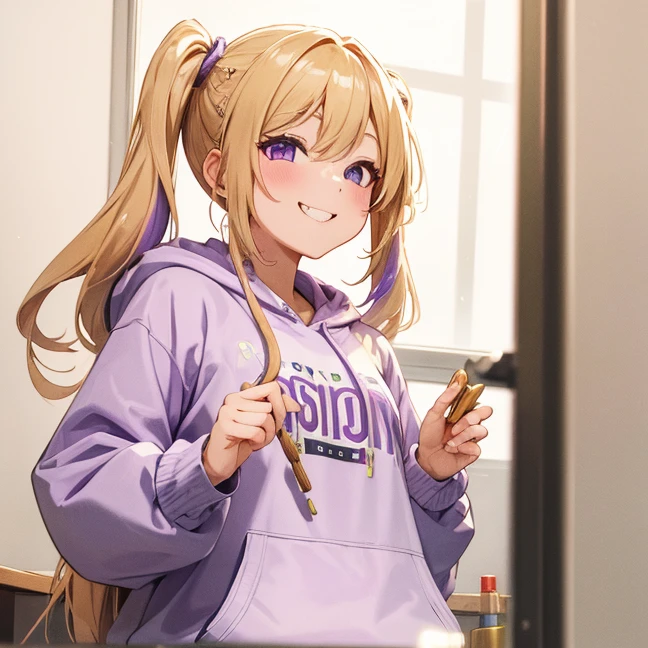 (master piece) (8k resolution) (ultra detailed) (best quality) 1girl, blonde hair, pigtails but still left over hair, purple shining eyes, wide happy smile,open her mouth a bit, wink eyes, wear a hoodie, hold a stik game