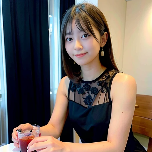 Japan woman 、enjoy a luxurious party、black lace dress、drink alcohol with a large number of people