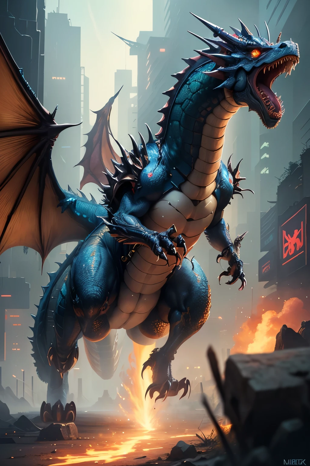 ((best quality)), ((masterpiece)), (detailed), A futuristic technological dragon, Take off and shock digital art, Cyberpunk style 8k HD details
