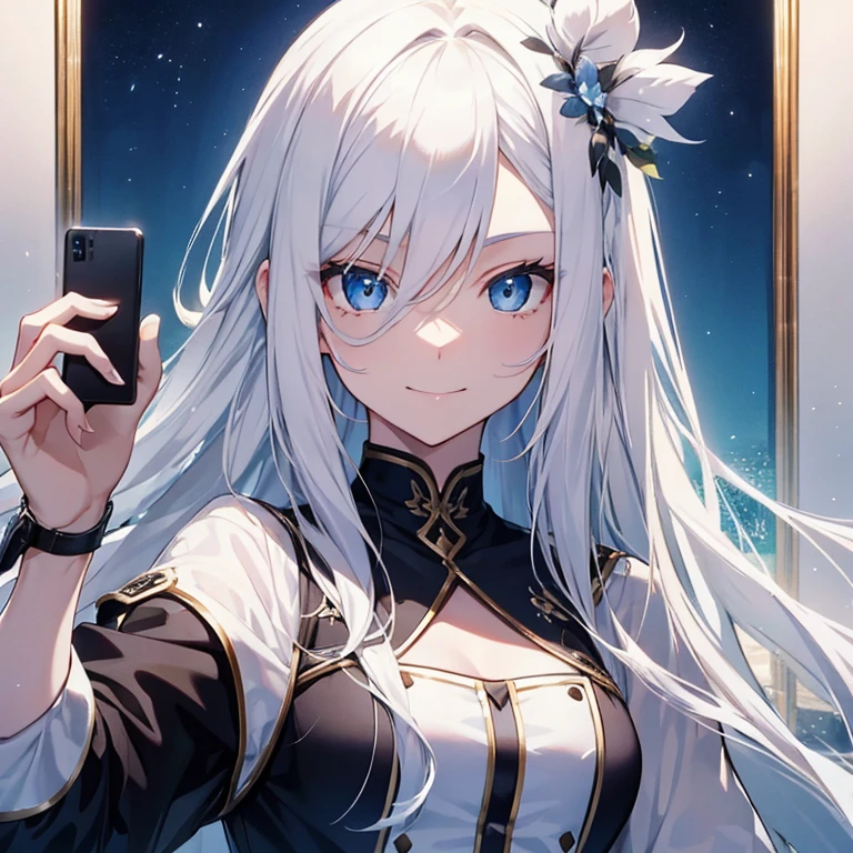Long white hair，blue eyes，Fair skin，Take a selfie with your phone，Smile，