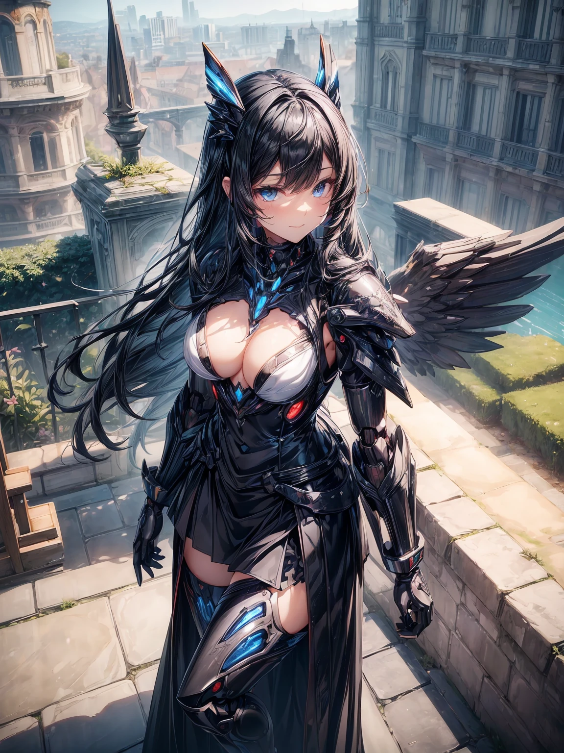 (delicate manga style:1.1), cool beauty, (one woman:1.0), (20-year-old:1.0), (small breasts:1.2), outdoor, Day, sunny, outdoorで飛ぶ, over european cities, (wide shot:1.0), (written boundary depth:1.1), (From the side:0.7), (From above:1.0), Blake、(anime face:1.0), (clear blue eyes:1.0), (Cybernetic Genoid:1.1), (highly detailed mecha suit:1.3), (black gothic cuirass:1.2), (long black hair:1.0), (black luxury wizard dress skirt:1.3), (decorative embroidery:1.0), (angel wings:1.1), smile, close your mouth