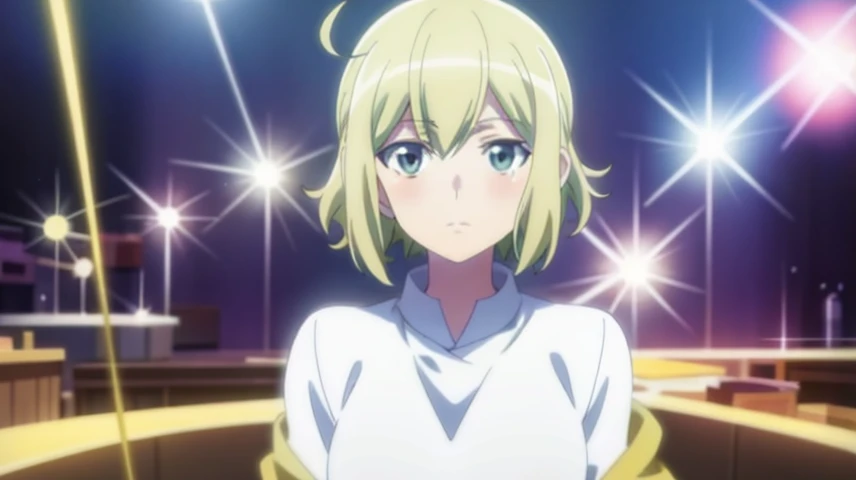 a close up of a person in a white shirt and a yellow jacket, anime visual of a cute girl, today's featured anime still, screenshot from the anime film, anime visual of a young woman, anime style like fate/stay night, in the anime film, alchemist girl, with huge luminous sad eyes, the goddess artemis smirking, ethereal anime, daytime ethereal anime