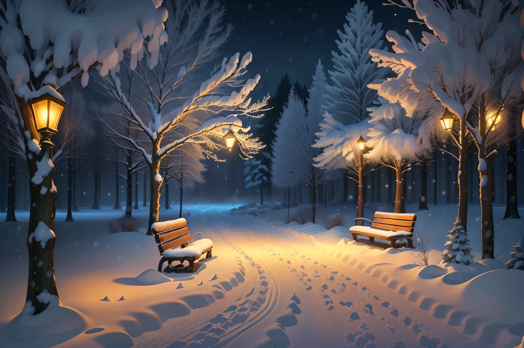 snowy path with benches and string lights in a park, snowy winter christmas night, light snowfall, cozy lights, winter setting, beautiful winter area, snowy night, snowfall at night, snowy winter scene, winter scene fantasy, winter wonderland, cosy enchanted scene, winter night, fairy lights, snowy winter, winter atmosphere, perfect lighting in a snow storm, glowing snow, cozy setting