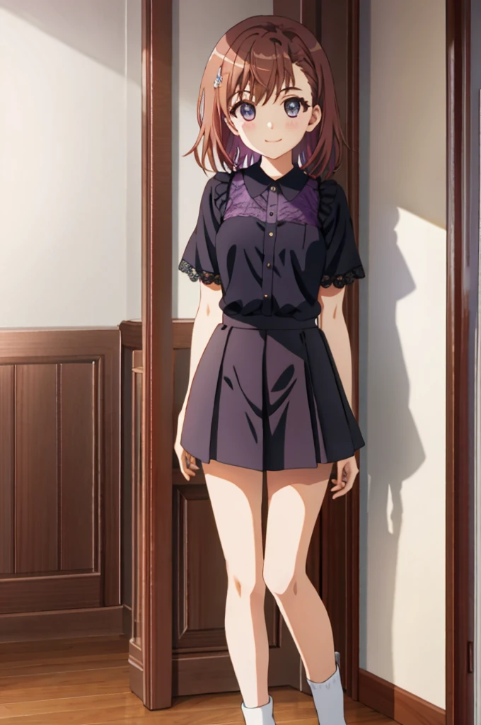 masterpiece, Highest image quality, misaka_mikoto, brown eyes, short_hair, small_breast, beholder, solo,,14 years old、sexy pose、bewitching legs、solo、purple lace moon bra、Purple ruffled panties、garter belt、、blush red、Smile BREAK stares at the viewer、 BREAK is indoors、living room、Full body standing、 BREAK(muste piece:1.2)、Highest image quality、High resolution、Unity 8k wallpaper、(An illustration:0.8)、(beautiful detailed eyes:1.6)、high definition face、perfect lighting、Highly detailed CG、(perfect hands、perfect anatomy)、