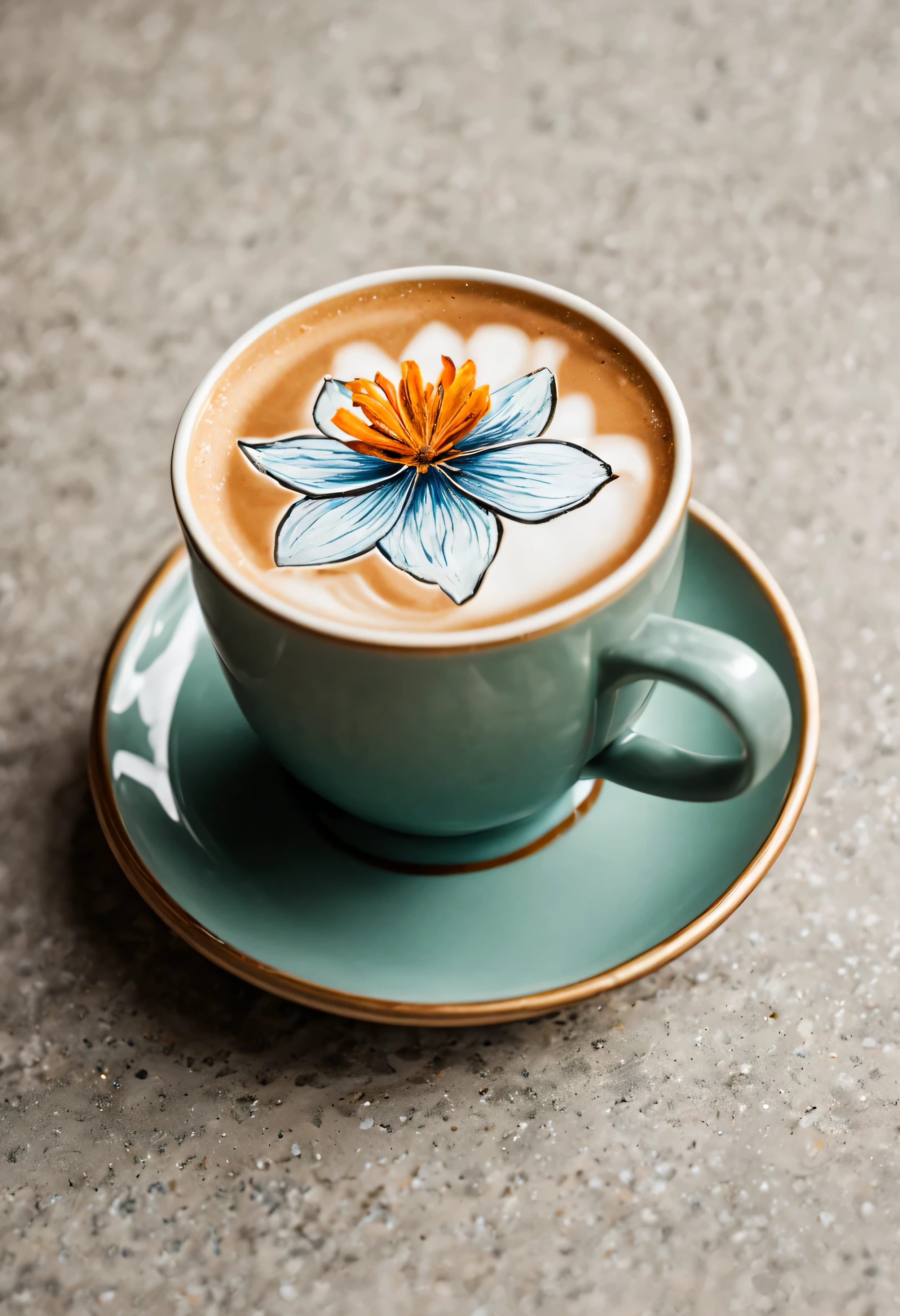 Tasse de café avec une fleur dessinée sur la surface du café, photo