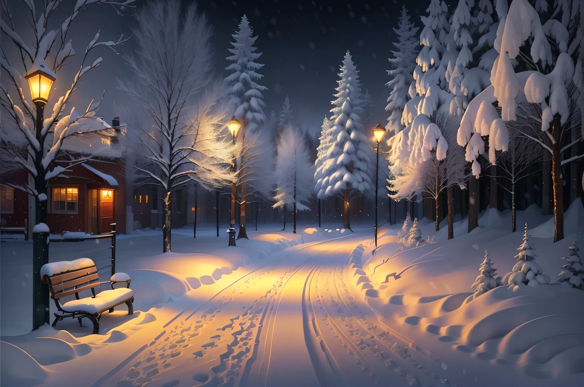 snowy path with benches and string lights in a park, snowy winter christmas night, light snowfall, cozy lights, winter setting, beautiful winter area, snowy night, snowfall at night, snowy winter scene, winter scene fantasy, winter wonderland, cosy enchanted scene, winter night, fairy lights, snowy winter, winter atmosphere, perfect lighting in a snow storm, glowing snow, cozy setting