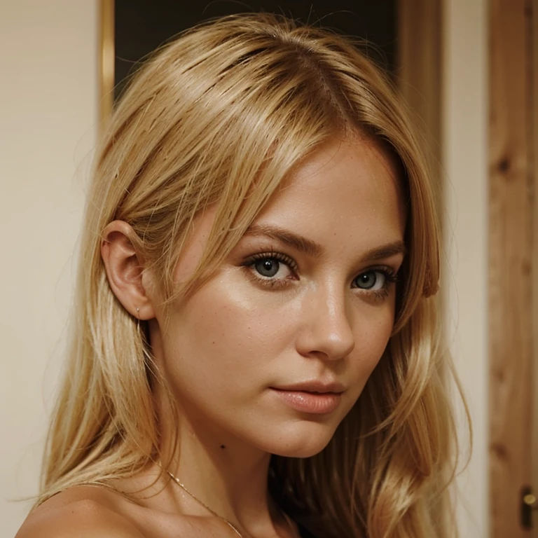 Create me an image of a blonde woman looking at the camera from the side like the other blonde women you have created