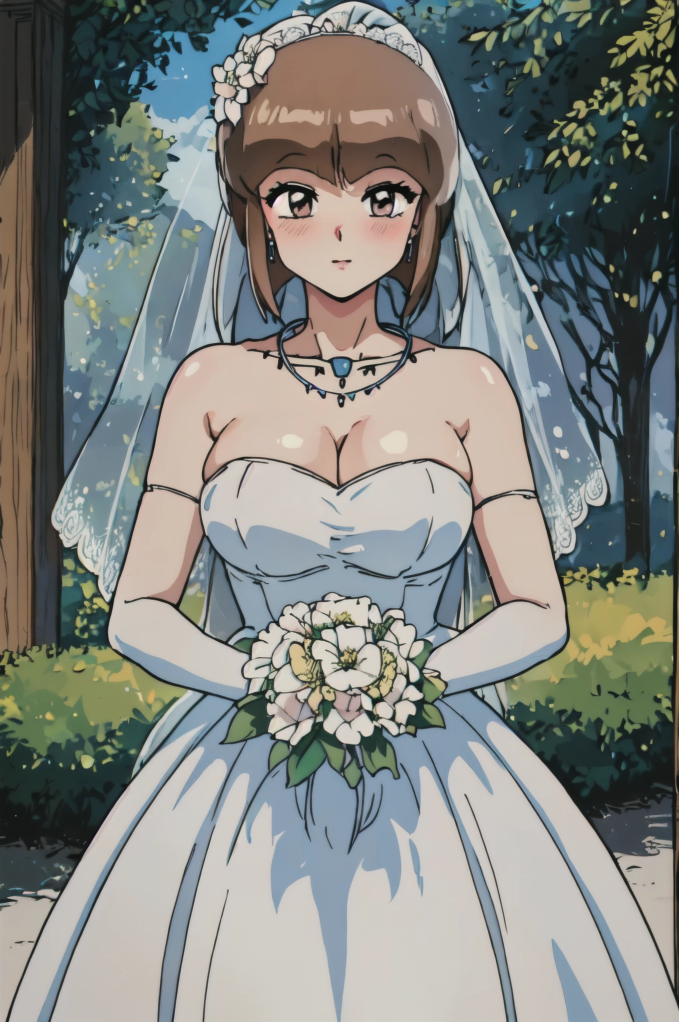 Nabiki_tendo，Brown hair，masterpiece, best quality, Detailed face, delicate eyes,  Close-up of beautiful bride wearing beautiful wedding dress,Gurwitz,(bridal veil:1.5），（Transparent short veil：1.5），Blushing face，Head flower，headgear，（tube top wedding dress：1.5），（Silk dress：1.2）,（Strapless wedding dress：1.5）,pure white dress，necklace，earrings，(large breasts:1.3)，Deep V peach heart collar wedding dress，Bangs，lipstick，（lace gloves：1.3）,whole body照,High detail RAW color art,Long white dress，whole body，Place your hands behind your back，