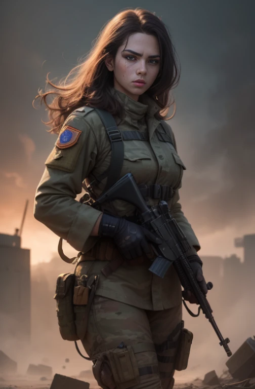 Realistic portrayal of a female soldier in action, immersed in the intensity of duty, showcasing power and precision. High-quality, high-resolution rendering (best quality, 4k, 8k, highres, masterpiece:1.2) with ultra-detailed features. The soldier's eyes depict determination and focus, with an intense gaze. The lips are finely detailed, ensuring a lifelike representation. Skin texture is highly realistic, capturing the gritty details of battle. The soldier's uniform and gear are accurately depicted, showcasing the practicality and functionality of their equipment. The artwork is done in a concept art style, highlighting the dynamic nature of the scene. The color palette is vibrant, with a focus on earthy tones and military colors. The lighting is dramatic, with shadows and highlights perfectly balancing the scene. The background includes elements like smoke, debris, and a war-torn environment, adding to the immersive experience. This portrayal offers a glimpse into the courage and strength of female soldiers, while paying tribute to the precision and power they possess.