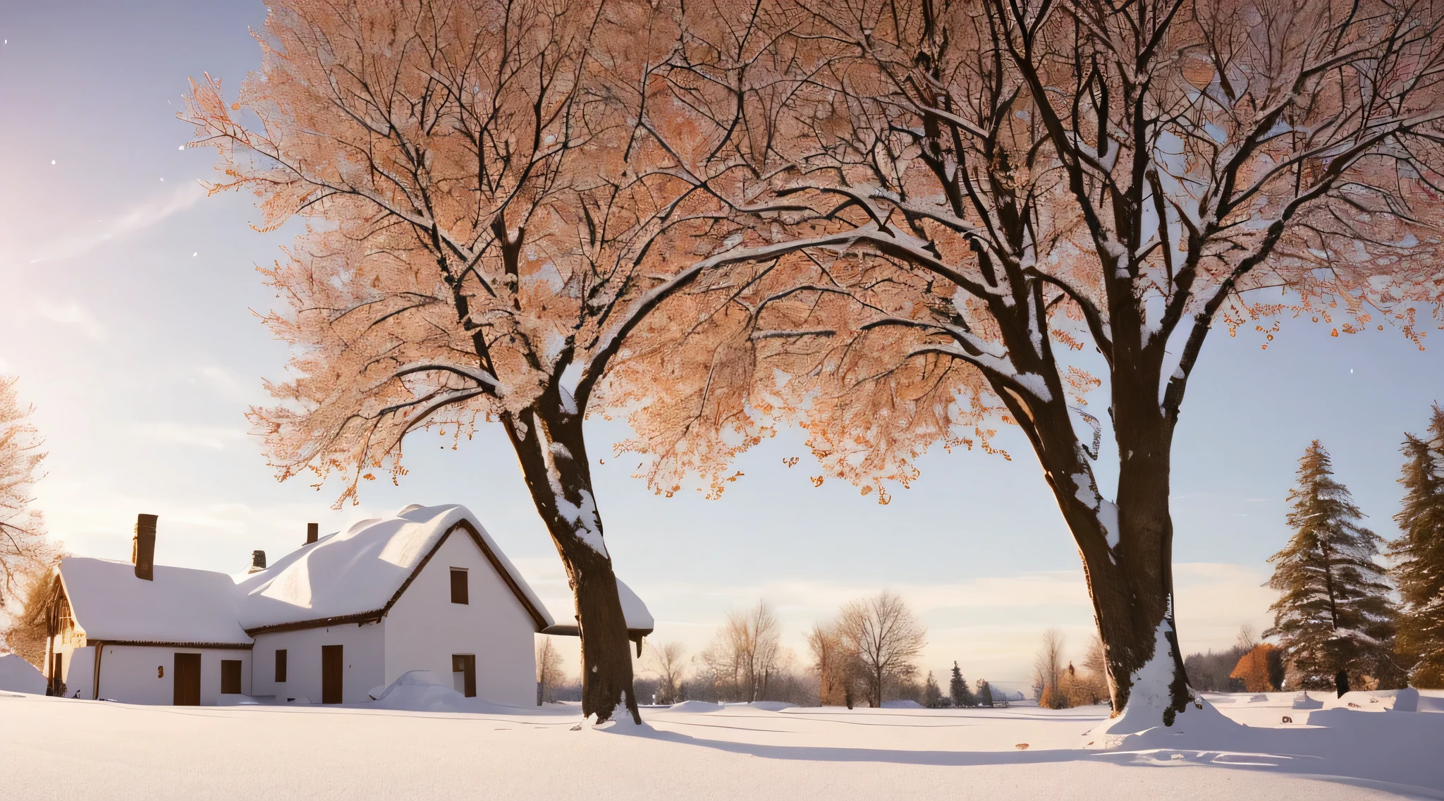 il y a un arbre debout dans la neige près d'une maison, Belle scène chaleureuse, de beaux arbres à couper le souffle, à couper le souffle - à couper le souffle de beaux arbres, fond d'écran HD, beautiful paysage enneigé, paysage de neige, avec de la neige recouverte de rouge coloré, belle région d'hiver, beauté du paysage naturel, beau fond d'écran, cadre hivernal, saison de l'automne, paysage enneigé, fin de l'automne, très beau paysage