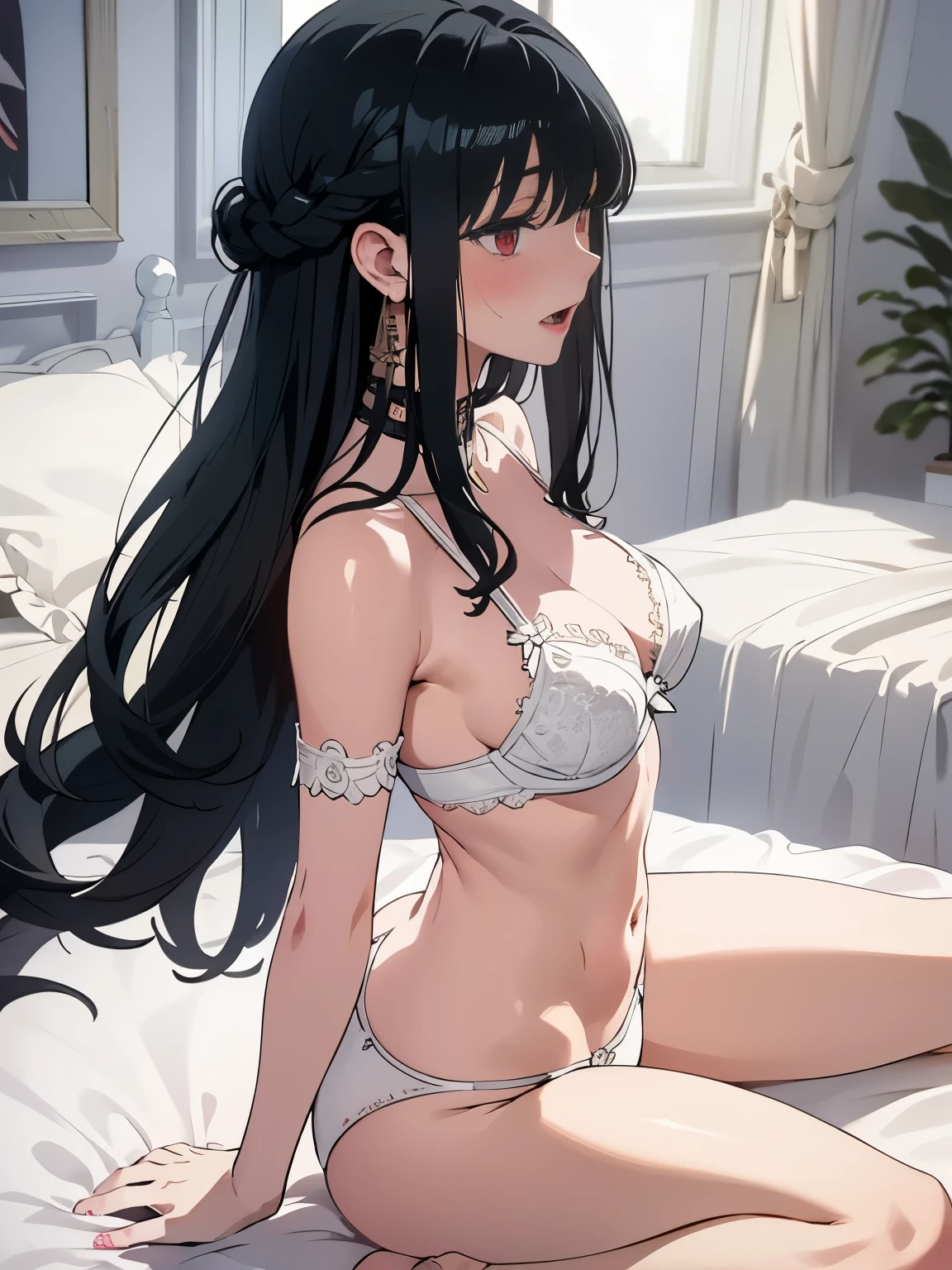 masterpiece、highest quality、High resolution、From the side、profile、1 girl、barefoot、(((Yor Forger、jet black hair、red eyes)))、detailed depiction of the face、profile、blush、Pleasure wells up、go crazy with pleasure、sexual climax、open mouth and drool、Screaming、(Lying in bed、spreading legs、lean back)、slender、muscular、thin thighs、(((bedroom、tits、Slutty white bra with detailed decoration、Sexual white panties with detailed decoration)))