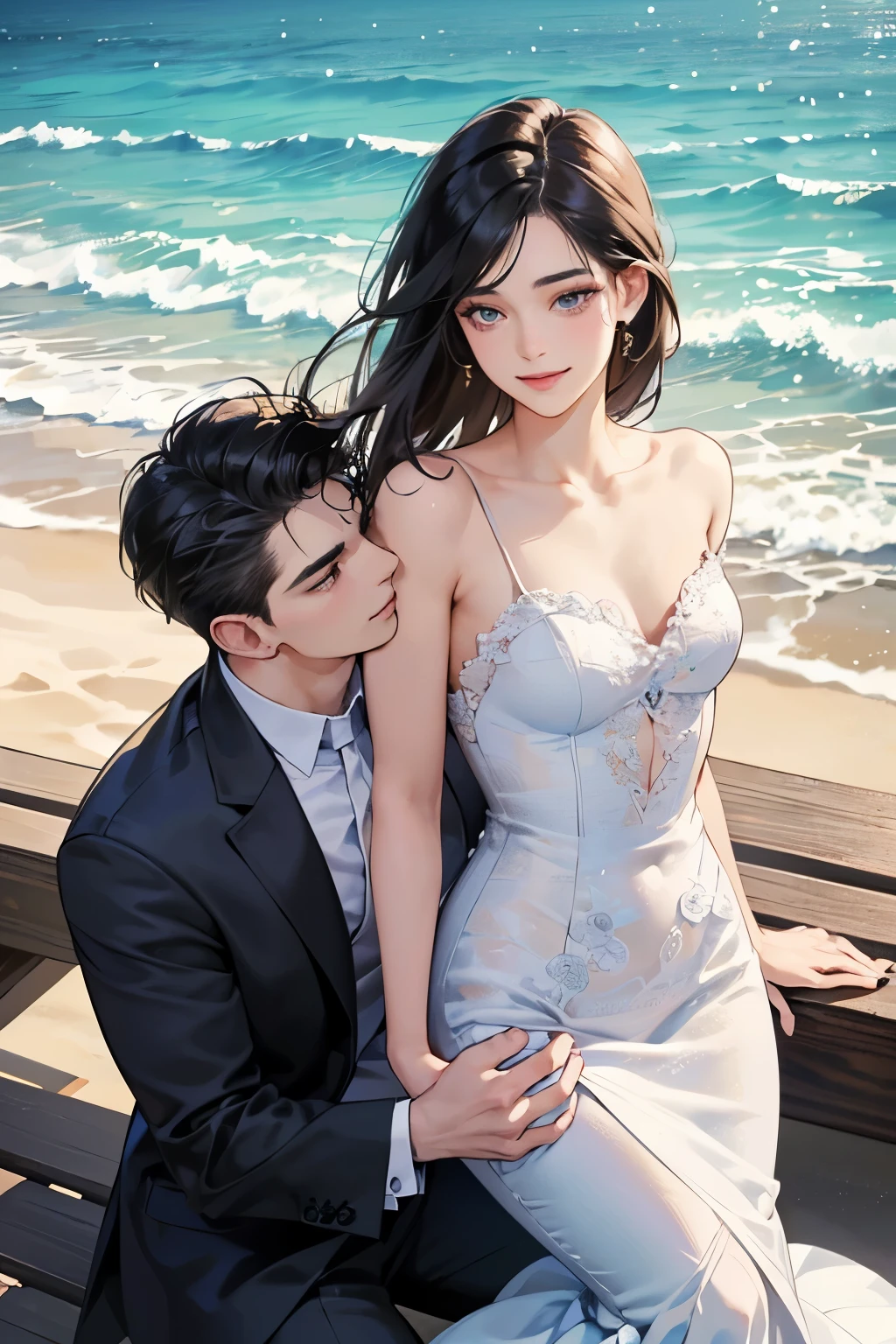 (table top, digital art, digital illustration, 4K, 8K, super detailed, beautiful images, clear image, realistic, RAW photo, perfect face, perfect lines, perfect eyes, soft lighting) ,1 female, (long black hair,straight hair,Bullish gaze,beautiful woman,grace,solid makeup,23 year old female,small breasts:1.3),Two handsome men in suits, (human,muscular,Firm shoulder width, mens,boyish hairstyle,british gentleman&#39;s style,A man in his 30s with a cool expression,28-year-old man with bright smile:1.2),白い歯を見せてsmile(embarrassing,shy smile:1.1),coastal,beach,beachウェディング、innocent smile,smile、カップルkiss、kissをしている、kiss、romance、Mermaid Line Wedding Dresses、Bouquet of plumeria
