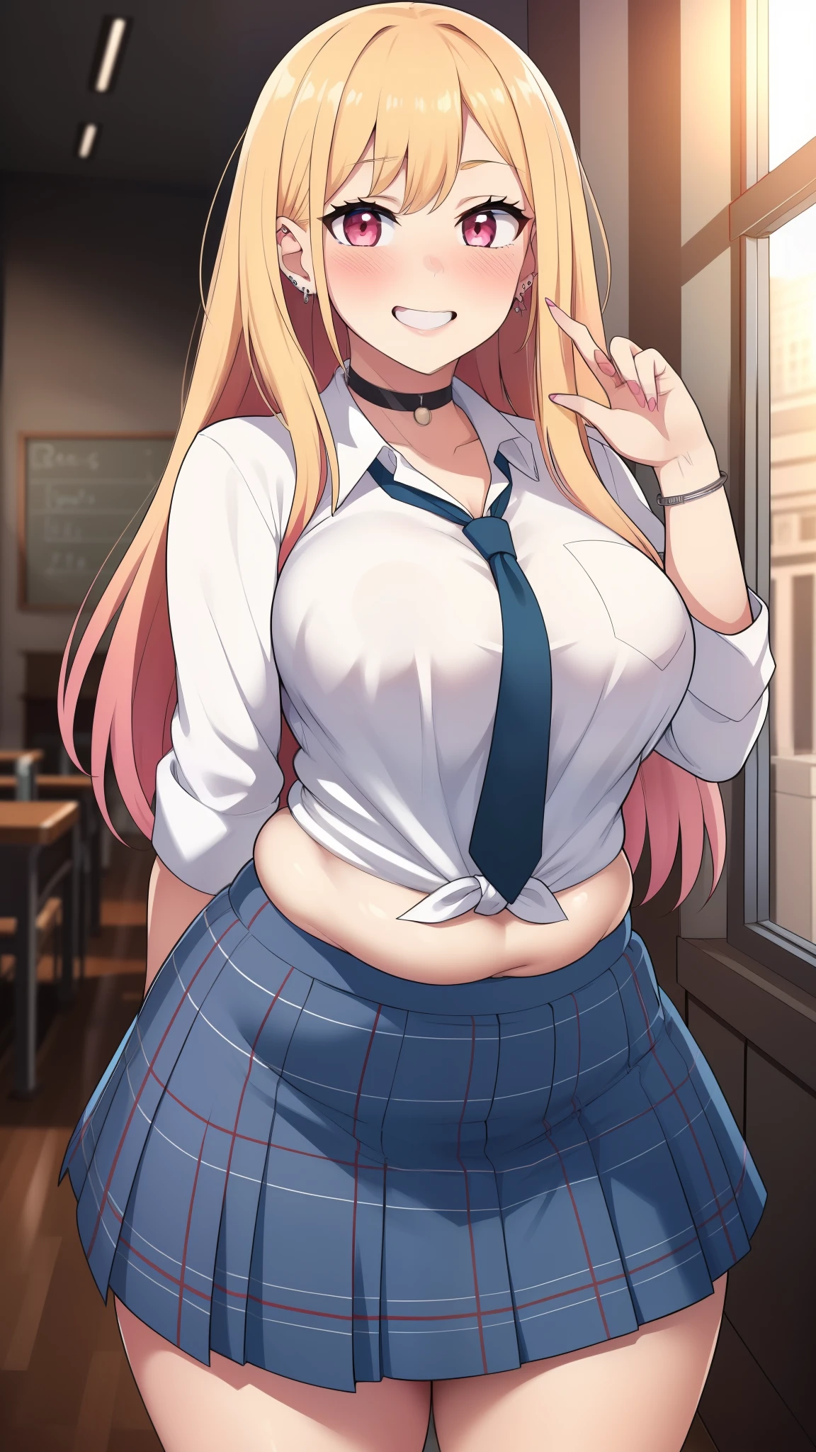((Masterpiece)), perfect anatomy, perfect shading, field of depth, (best quality), extremely delicate and beautiful, perfect lighting, detailed face, ultra cute face, cute, (cowboy shot 1.2), looking at viewer, full body, (((1girl))), (((solo))), kitagawa marin
1girl, blonde hair, long hair, multicolored hair, red eyes, seductive smile, (blush), jewelry, earrings, piercing, school uniform, white shirt, tied shirt, black choker, blue necktie, plaid skirt, medium , wide hips, thick thighs, (chubby), chubby belly
indoors, inside, classroom, open smile, pose, desks