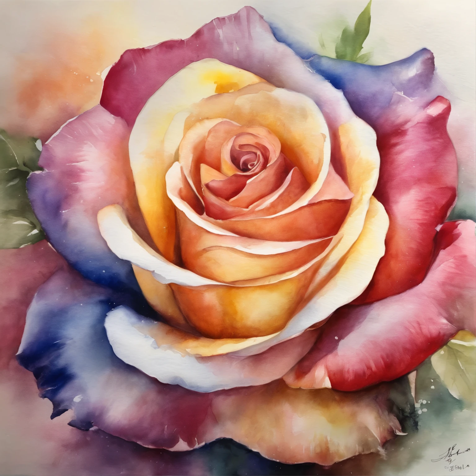 radiant rose,rainbow colored petals,Radiate the rays of the sun and moon,Crystal material,Optical,clean,reflective,refraction,Ray tracing,watercolor风格,watercolor,Smudge,Super detailed,Surreal,Super real photos,best quality