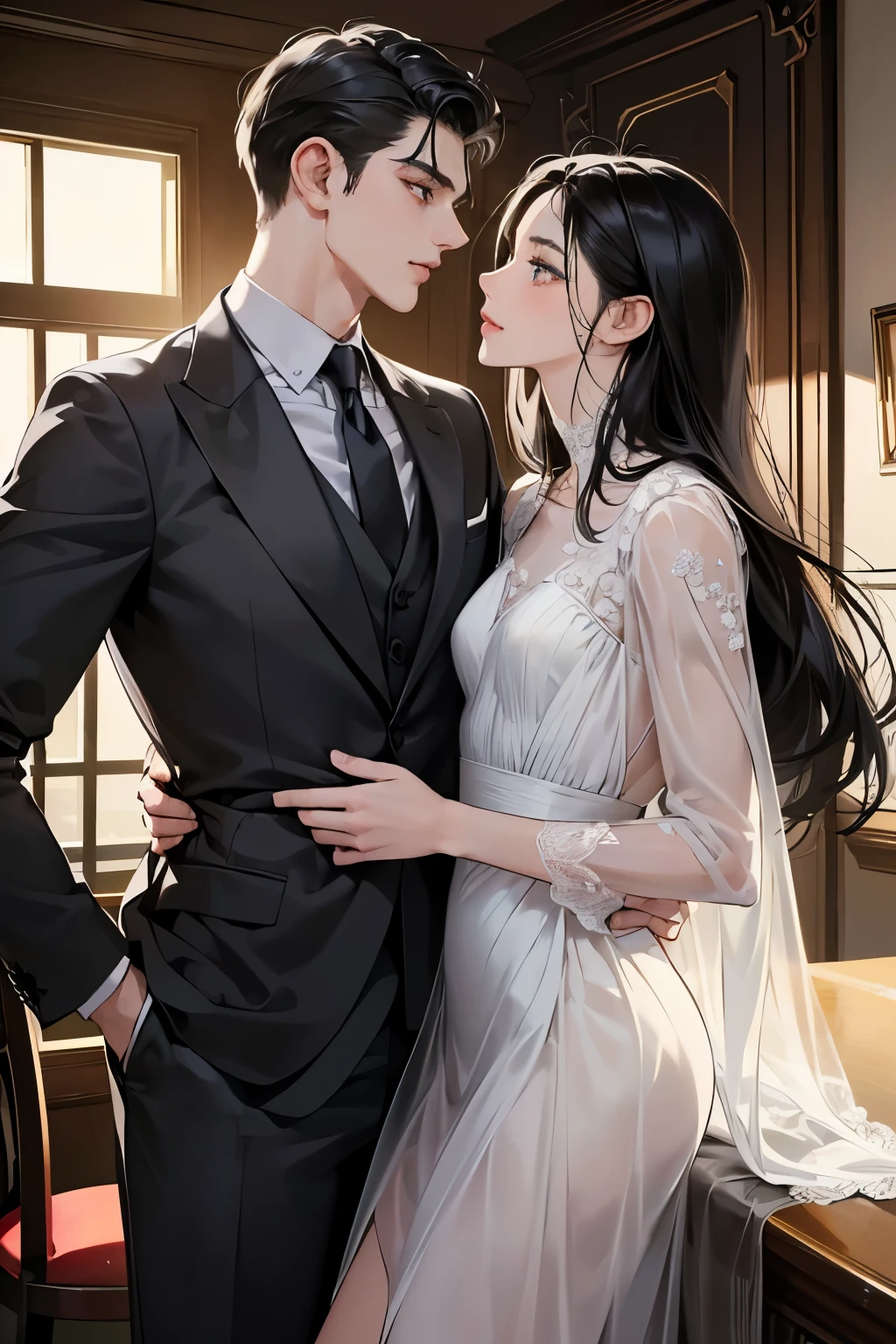 (table top, digital art, digital illustration, 4K, 8K, super detailed, beautiful images, clear image, realistic, RAW photo, perfect face, perfect lines, perfect eyes, soft lighting) 1 female, (long black hair,straight hair,Bullish gaze,beautiful woman,woman wearing a suit,solid makeup,23 year old female,small breasts:1.3),secretary, Two handsome men in suits, (human,Men in suits,muscular,Firm shoulder width,adult male,boyish hairstyle,british gentleman's style,A man in his 30s with a cool expression,28-year-old man with bright smile:1.2),Office scene at night,Antique furnishings,Antique Clamps,Antique chair,chandelier,party、couple、couplekiss、kiss、kissをしている、romance、