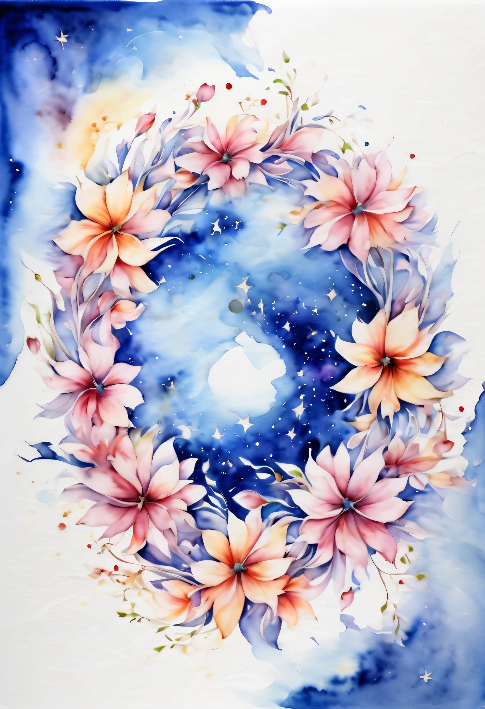 mobius design flower of watercolor, backdrop of beyond the time atmosphere, beginning and the end of only flower, reminiscent of beginning of legend design, raise your face to unknown power, under the distant universe, hiding fleeting dream in the stars, a star shining on cobalt, atmosphere of sadness and love mixed together, only you are everything with POV angle, wake up to destiny, future beyond darkness, dreamy wind guides, flower ship of mistakes, Theme: I want to meet you again watercolor art,
