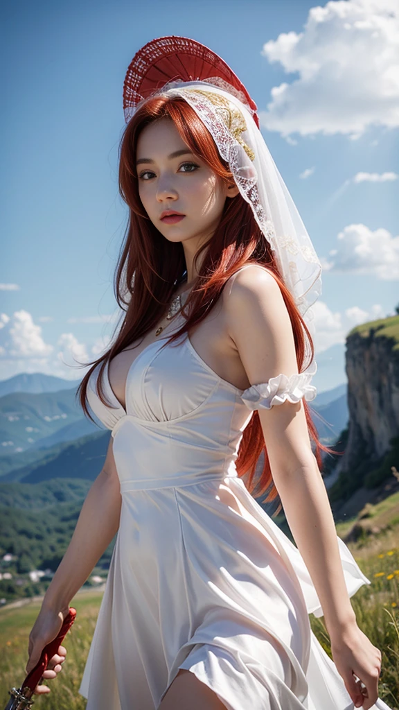 Young woman, white dress, red lace pattern, (red hair, long hair, long hairมาก), (big breasts, big breast, breast augmentation), (small waist, thin body), (majestic, Charming Succubus), (Short white dress, tight fitting, gold pattern), (Red shawl, floating veil), (Low angle shot, Walking Pose), (sky backdrop, cliff, meadow), (holding sacred weapons), CG, Realistic resolution, 8K