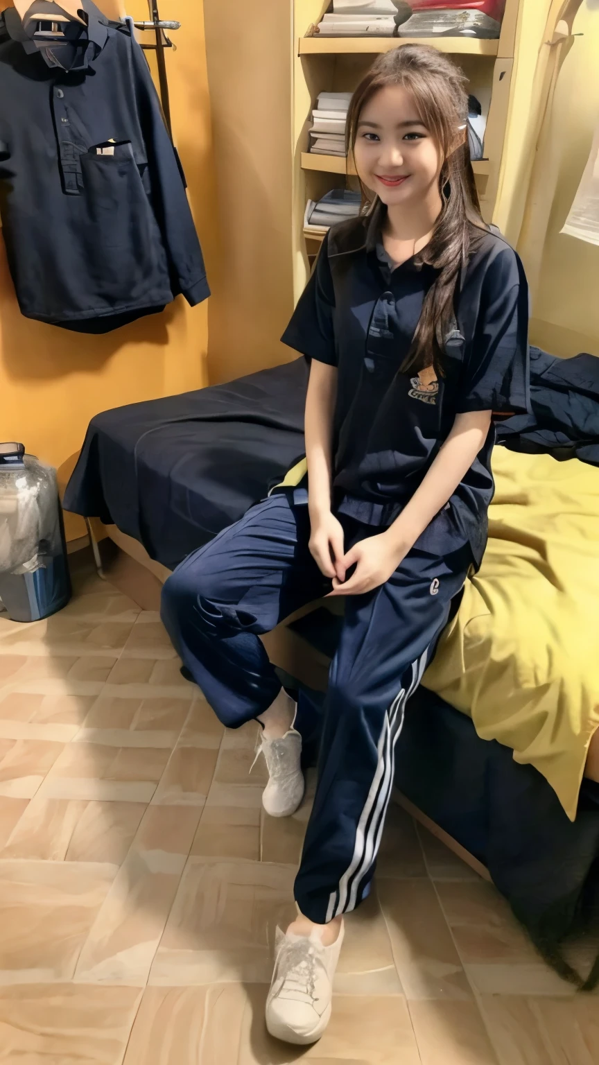 2 girls in the piano room, Navy blue short-sleeved shirt,Navy Long Trackpant,Sweatpants, Sweatpantsขายาว,25 year old girl