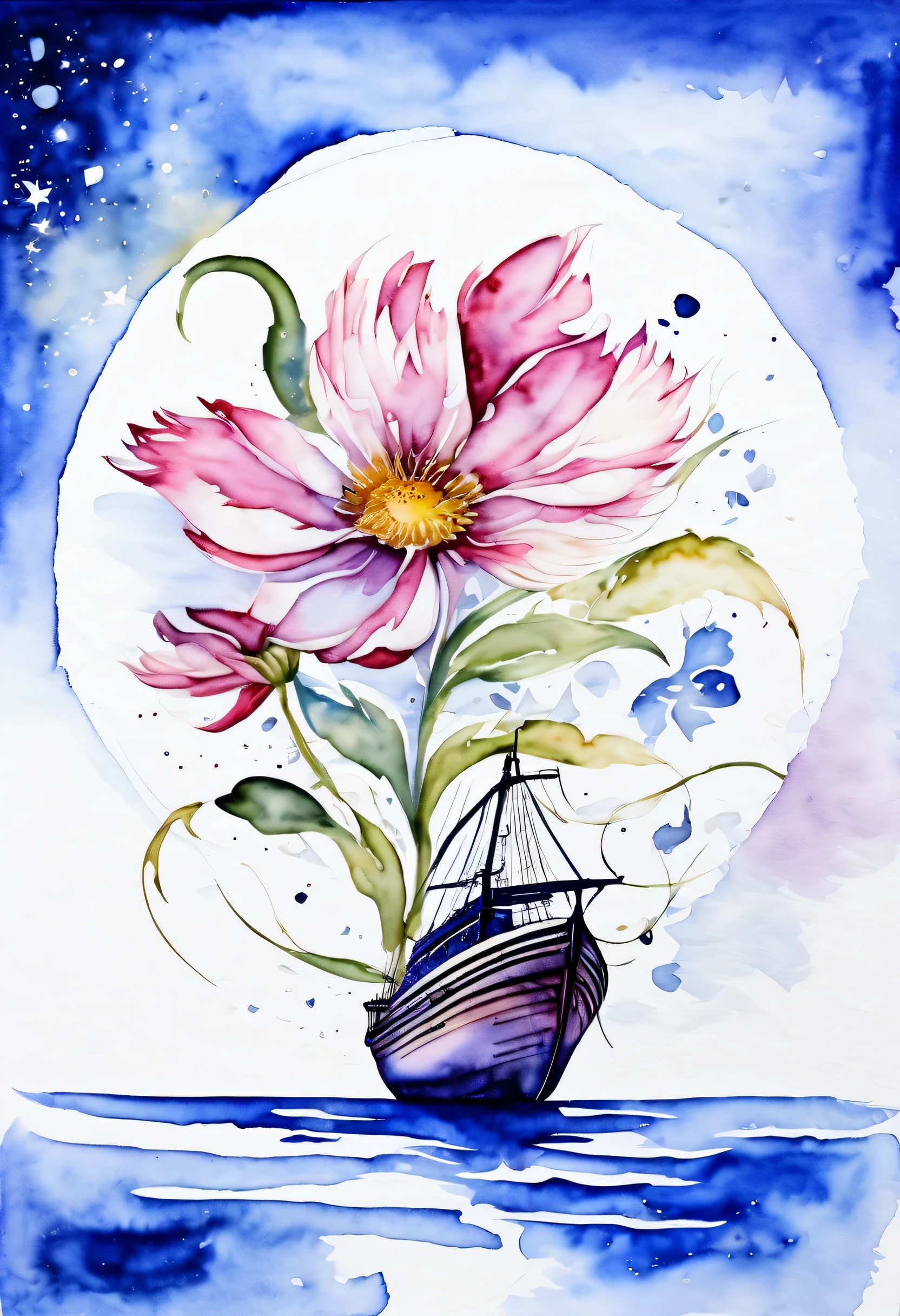 mobius design flower of watercolor, backdrop of beyond the time atmosphere, beginning and the end of only flower, reminiscent of beginning of legend design, raise your face to unknown power, under the distant universe, hiding fleeting dream in the stars, a star shining on cobalt, atmosphere of sadness and love mixed together, only you are everything with POV angle, wake up to destiny, future beyond darkness, dreamy wind guides, flower ship of mistakes, Theme: I want to meet you again watercolor art,