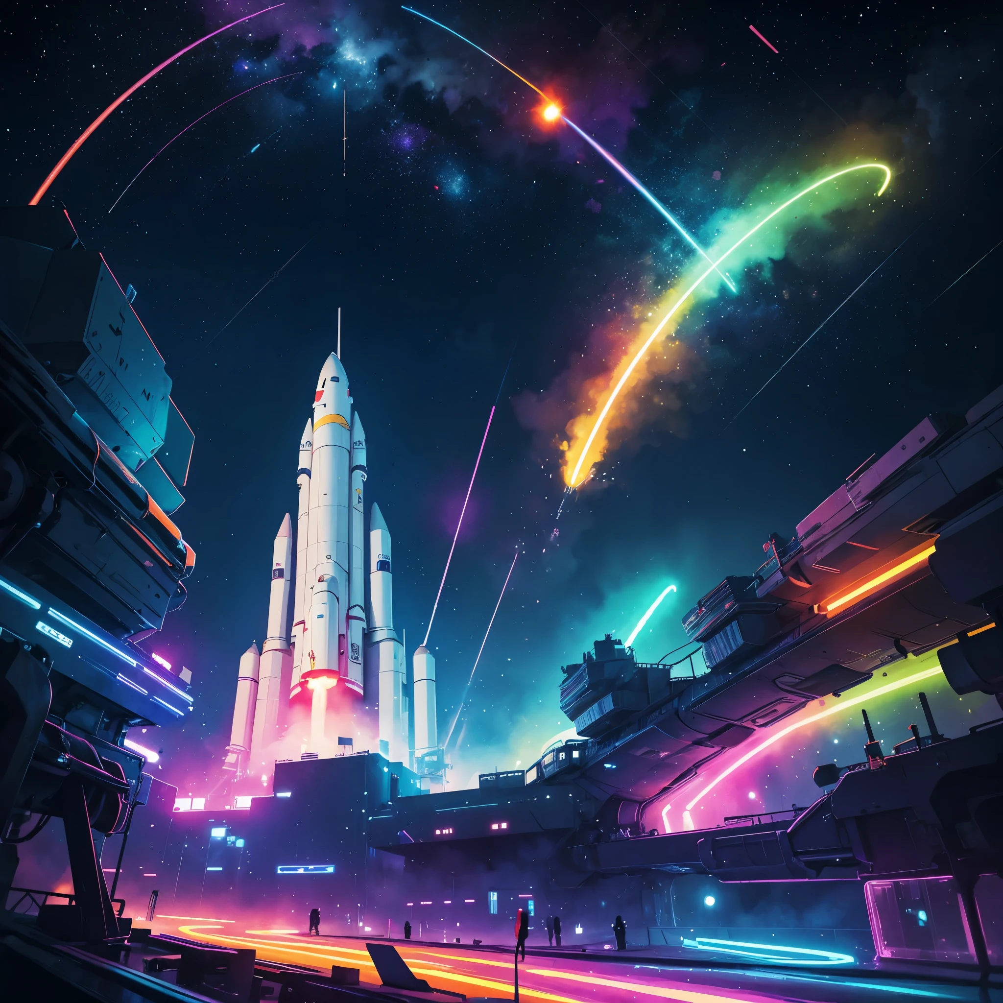 abstract watercolor picture of 1 space rocket taking off, colorfull, neon lights, best quality, dynamic perspective, hype feeling