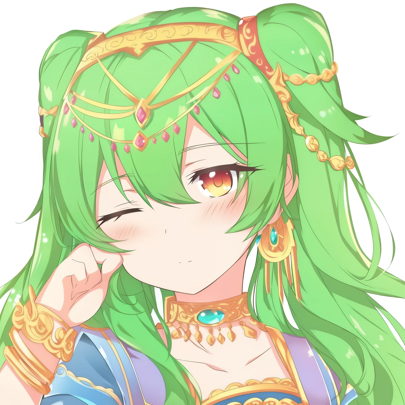 anime girl,rubbing eyes,Turn one eye and close one eye,Want sleep,green hair,Wearing jewelry headdress, Zodiac Girl Knight Portrait, palutena, ((beautiful fantasy queen)), lady palutena, Princess of Rites, anime goddess, Very detailed and beautiful fan art, Anime cute art style, green headwear, green skin!!, royal elegant pose, beautiful fantasy queen, anime style portrait