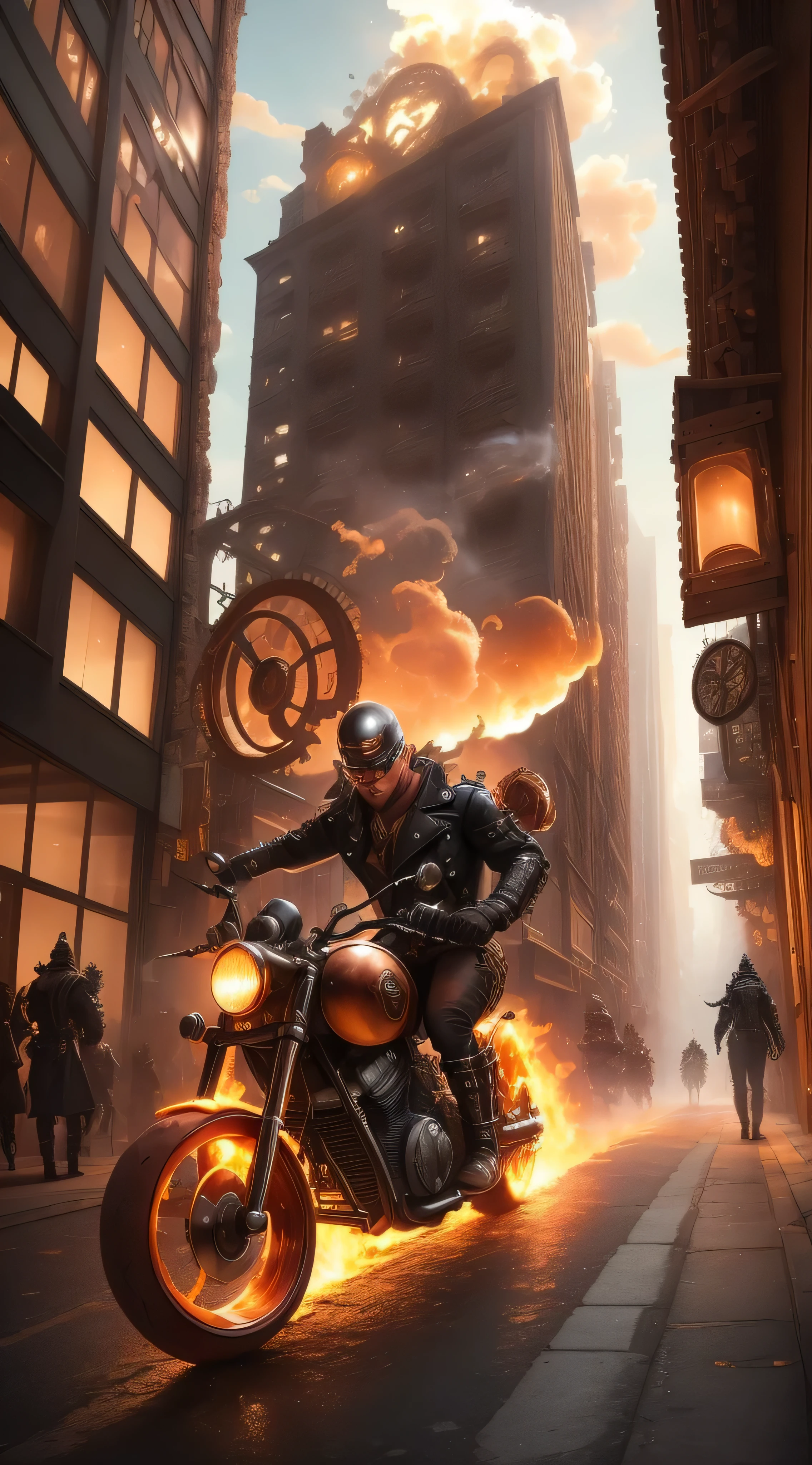 A steampunk motorcycle, with wheels on fire, riding through a steampunk city. The bike is the main focus, with intricate gears and brass details. The wheels are engulfed in flames, emitting a vibrant orange glow. The rider is wearing a leather jacket and goggles, with a determined expression on their face. The city is a bustling metropolis, with towering steam-powered buildings and intricate copper pipes running through the streets. The sky is filled with hot air balloons and zeppelins, adding to the sense of adventure. The colors are rich and earthy, with a mix of warm browns and metallic tones. The lighting is dramatic, with rays of light filtering through the steam and smoke. The overall quality of the image is high, with ultra-detailed textures and sharp focus. [steampunk](1.1), [bike](1.1), [wheels on fire](1.1), [city](1.1), [intricate gears](1.1), [brass details](1.1), [rider](1.1), [leather jacket](1.1), [goggles](1.1), [determined expression](1.1), [bustling metropolis](1.1), [steam-powered buildings](1.1), [copper pipes](1.1), [hot air balloons](1.1), [zeppelins](1.1), [vibrant orange glow](1.1), [rich and earthy colors](1.1), [dramatic lighting](1.1), [ultra-detailed textures](1.1), [sharp focus](1.1)