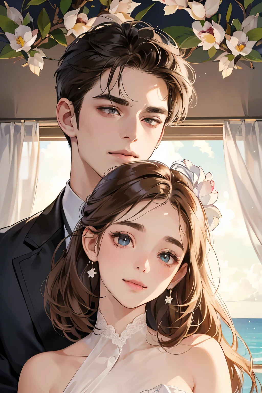 (table top, digital art, digital illustration, 4K, 8K, super detailed, beautiful images, clear image, realistic, RAW photo, perfect face, perfect lines, perfect eyes, soft lighting) 1 female, (light brown hair,chignon hair,innocent look,droopy eyebrows,drooling eyes,With a round face,Round jaws、innocence,cute,Big eyes,natural makeup,smile gently,E cup,23 year old female:1.3),Two handsome men in suits, (human,Men in suits,muscular,Firm shoulder width,adult male,boyish hairstyle,A man in his 30s with a cool expression,28-year-old man with bright smile:1.2),coastal、beach wedding,(embarrassing,shy smile,magnolia bouquet:1.2),coastal、kiss、kissをしている、couple、couplekiss、romance、Wedding dress、wedding style、