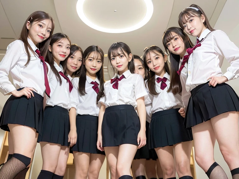 Detailed and complex, (Perfect figure), (Japanese girl), (5 girls:1.33), Long and light brown straight hair, (Girls have perfectly cute face:1.5), expressionless, (school uniform:1.3), (very mini skirt:1.3), exposing panty, (standing in circle:1.67), (looking down:1.28), (view from below:1.7), high quality, highres, anatomically correct