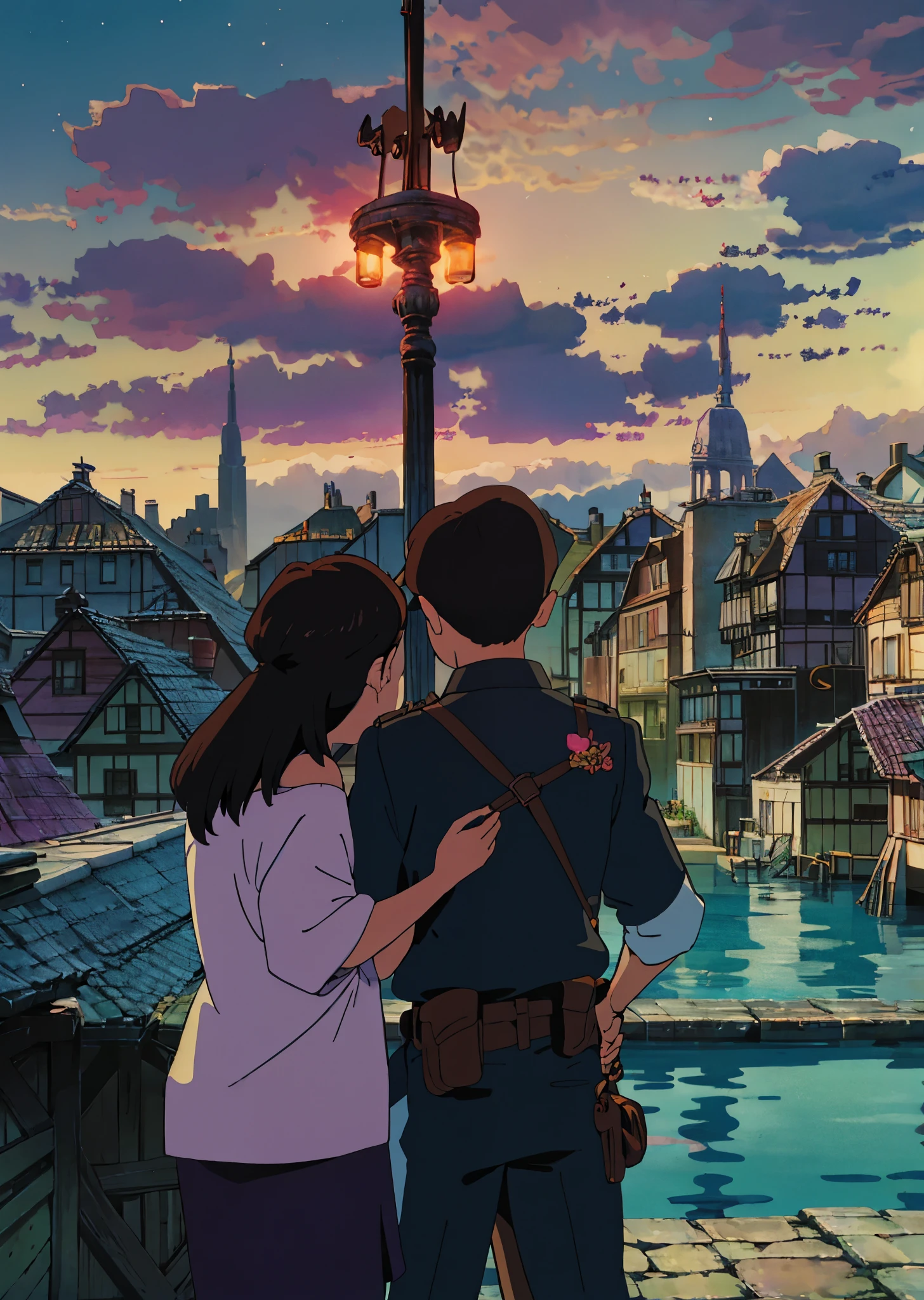 Create a captivating image of a silhouette couple standing together on a rooftop at midnight, overlooking a cityscape. The city lights should be twinkling below, casting a warm glow on the buildings. The couple should be positioned side by side, with their arms around each other, gazing at the city with a sense of wonder and connection. The moon and stars should be visible in the night sky, adding to the romantic and peaceful atmosphere of the scene --auto --s2