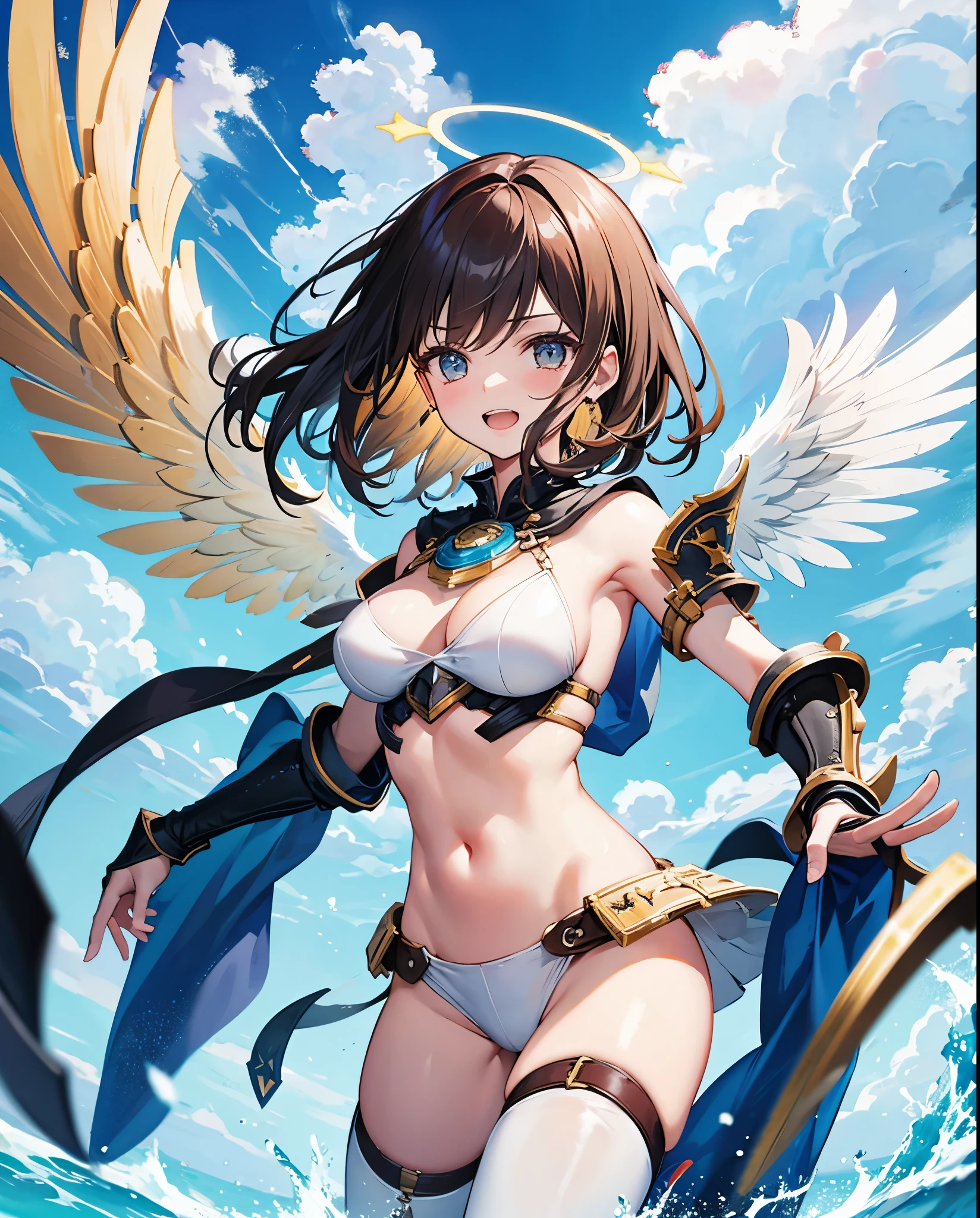 fantasy, 1angel_girl, loli,bwn_hair, medium_bob_hair, long_bangs, halo,bare_shoulder,thighhighs,silver_armor, waist_armor, large_breasts,angry,grinning,open_mouth_teeth, 1pair_wings, dynamic_pose_fighting,floating, bare_crotch, headgear,gauntlet, greaves,ocean_sky_background,slightly_spread_legs, solo, groin_naked,