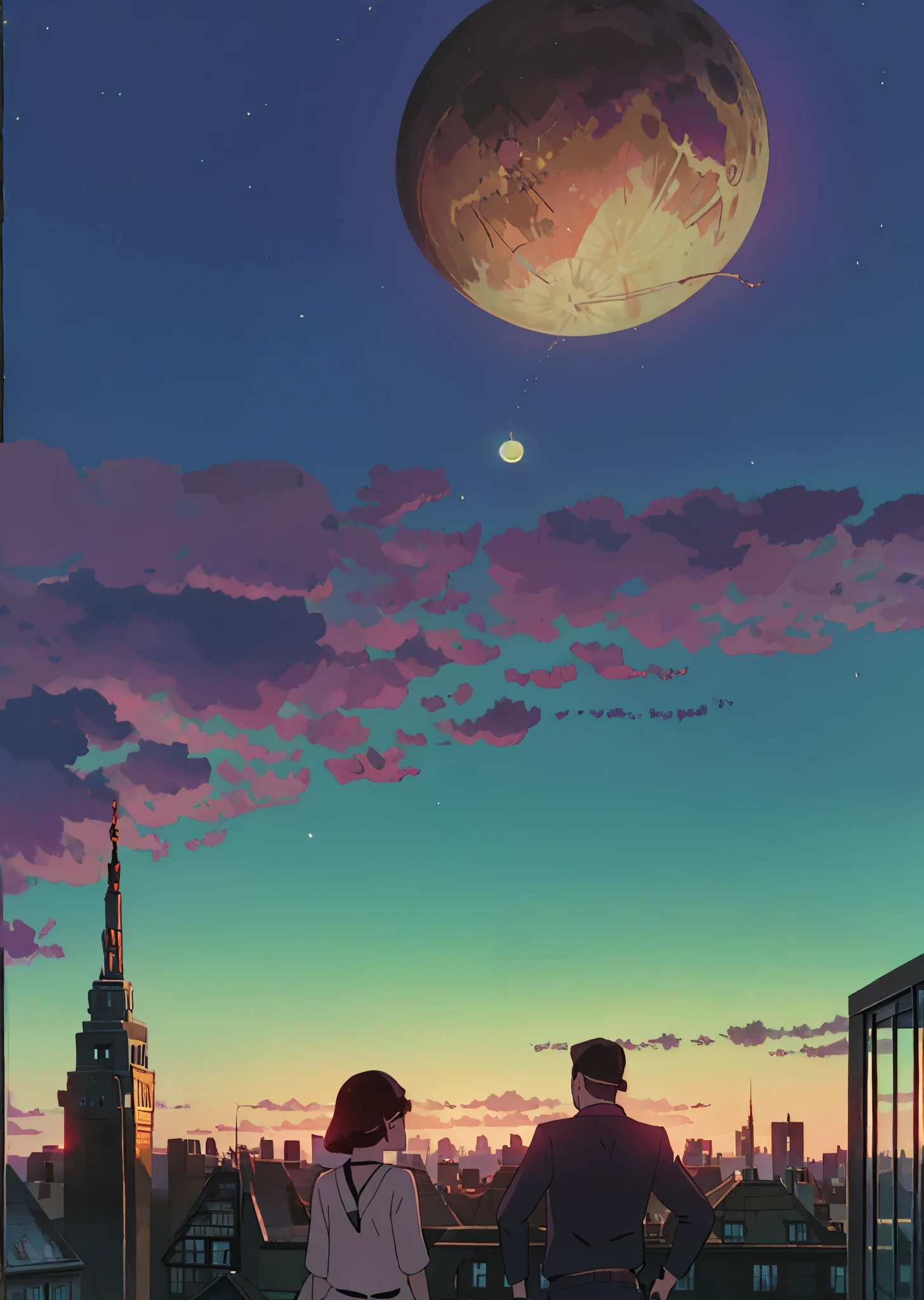 Create a captivating image of a silhouette couple standing together on a rooftop at midnight, overlooking a cityscape. The city lights should be twinkling below, casting a warm glow on the buildings. The couple should be positioned side by side, with their arms around each other, gazing at the city with a sense of wonder and connection. The moon and stars should be visible in the night sky, adding to the romantic and peaceful atmosphere of the scene --auto --s2