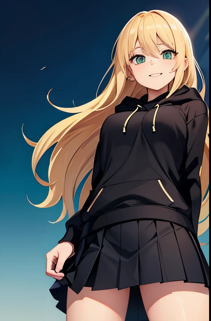women.blonde,blonde long hair,green eyes,(blush:1.2),medium breasts,black hoodie,black pleated skirt,breast hold,cowboy shot,(from below:1.4),park,sunny,