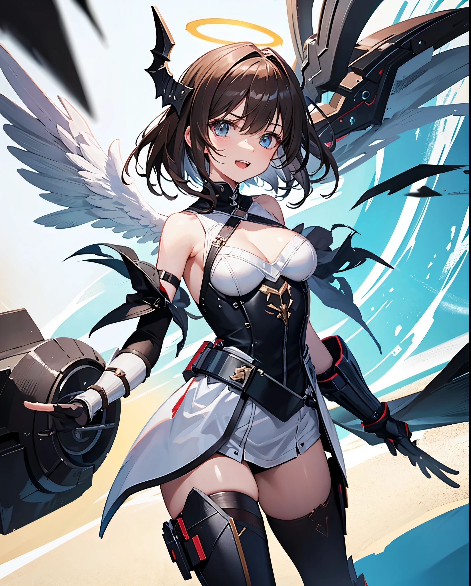 fantasy, 1angel_girl,child, ,brown_hair, medium_bob_hair, long_bangs, halo,bare_shoulder,thighhighs,silver_armor, waist_armor, large_breasts,angry,grinning,open_mouth_teeth, 1pair_wings, dynamic_pose_fighting,floating, bare_crotch, headgear,gauntlet, greaves,ocean_sky_background,slightly_spread_legs, solo, groin_naked,