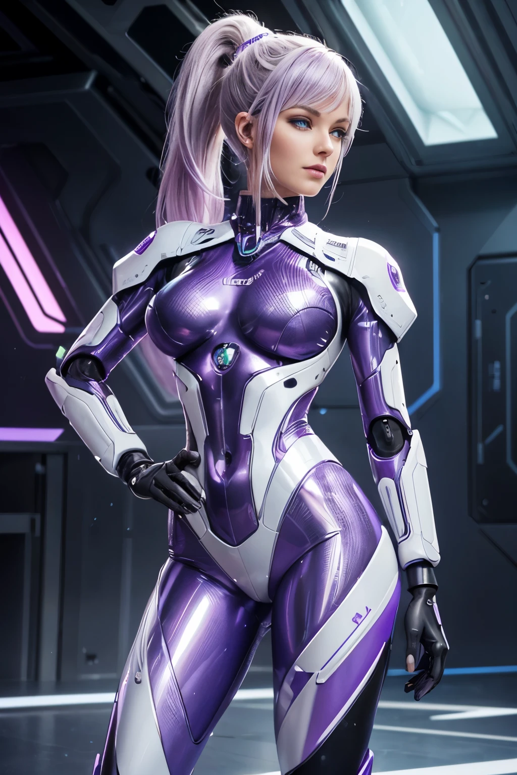 (highest quality, High resolution, masterpiece:1.2), Super detailed, realistic:1.37, (perfect anatomy),1 girl,  cowboy shot, A noble and beautiful 43-year-old Scandinavian woman,transform into a robot ,standing posture,laughter,beautiful eyes,beautiful skin, detailed facial features, complicated hair, Details Tight and futuristic shiny lilac high-tech polymer robot body and futuristic design boots,,futuristic necklace,futuristic hair ornament, attractive idol makeup,big breasts,Silver Ponytail，cute pose,cyber lab