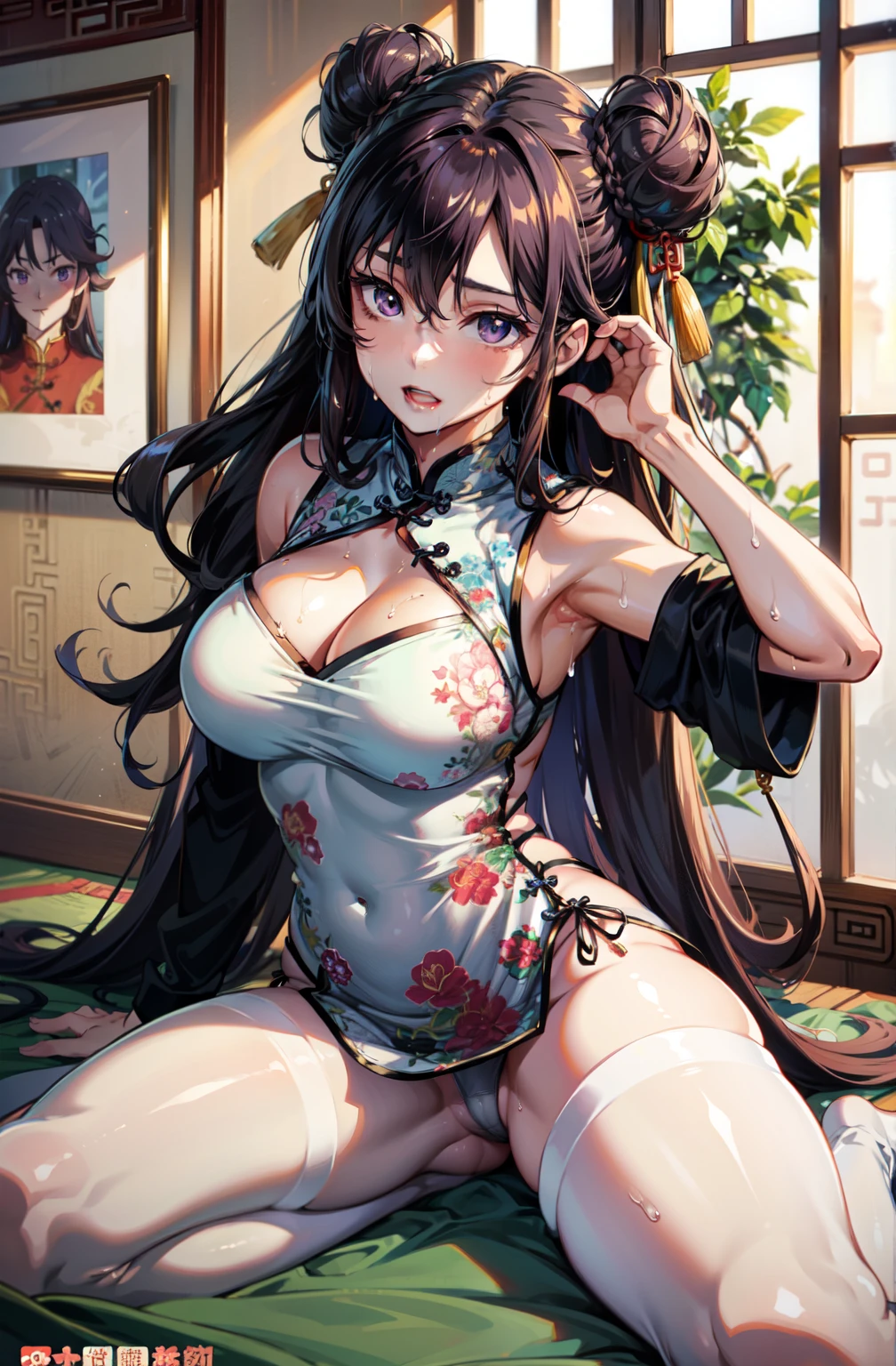 (Masterpiece, High Quality, High-Detailed, Detailed CG, Cinematic Lighting, Photorealistic Lighting, Beautiful Detailed Eyes, Ultra Resolution), (Erotic Suggestiveness:1.0), (China Dress:1.5), (Erotic Dress:1.0), (Exposed Underwear:1.0), (Black Underwear:1.0), (Anime Style:1.3), (Anime Female:1.0), Large Breast, Full Body View, Feet, NSFW, Five Finger, Purple Hair, (Double Bun Hair Style), (ダブルお団子), Detailed Hair, Tied-hair, Long Hair, Purple Eye, On Bed, Drenched in Sweat, Wet Body, Thigh, Black-Pantyhose, Pantyhose, Embarrassing Face, Chinese Living Room, Chinese Background