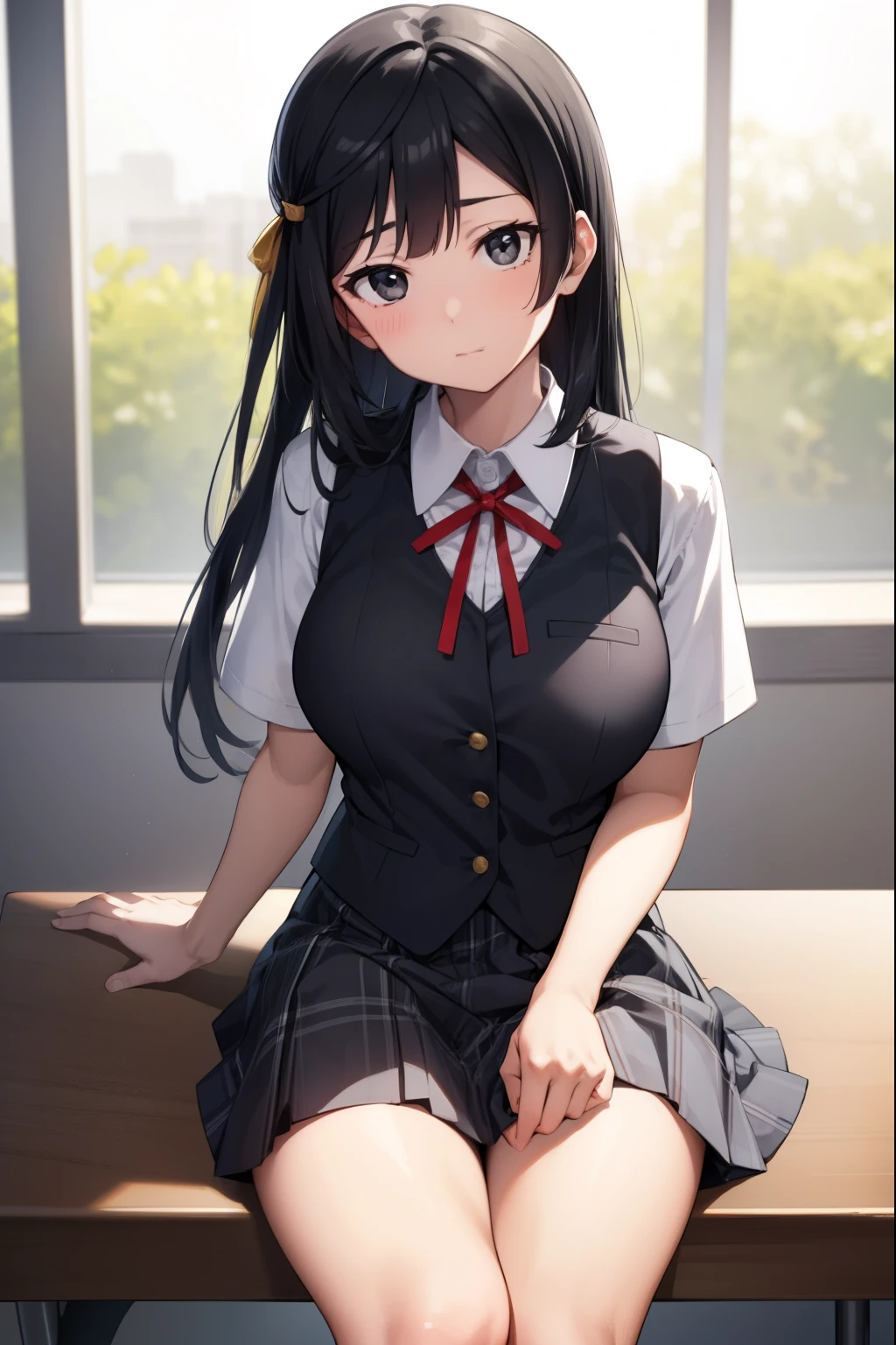 setsunayuuki, setsuna yuuki, (black eyes:1.5), black hair, long hair, one side up, (medium breast:1.2), 
BREAK armband, blue vest, buttons, collared shirt, dress shirt, grey skirt, neck ribbon, nijigasaki academy school uniform, plaid, plaid skirt, pleated skirt, red ribbon, ribbon, school uniform, shirt, short sleeves, skirt, summer uniform, vest, white shirt,
BREAK looking at viewer, 
BREAK indoors, classroom, 
BREAK (masterpiece:1.2), best quality, high resolution, unity 8k wallpaper, (illustration:0.8), (beautiful detailed eyes:1.6), extremely detailed face, perfect lighting, extremely detailed CG, (perfect hands, perfect anatomy),