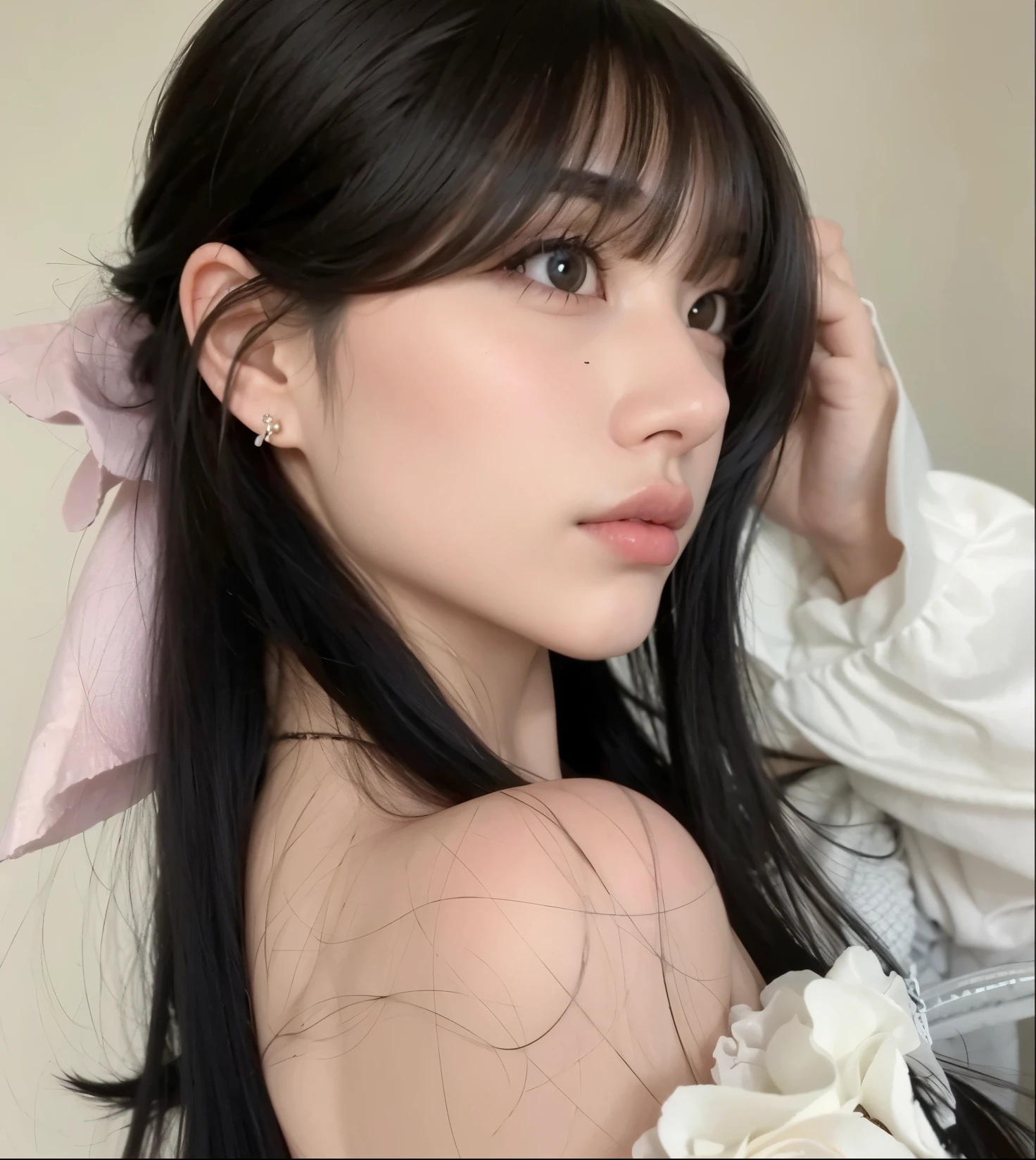 um close up de uma mulher com longos cabelos pretos vestindo uma camisa branca, she has black hair com franja, com franja, neat hair com franja, franja de cortina, bae suzy, Jinyoung Shin, sakimichan, long franja reta, com franja completa, franja reta, linda mulher sul-coreana, Ulzzang, franja fofa, Menina coreana, cabelo preto e franja branca