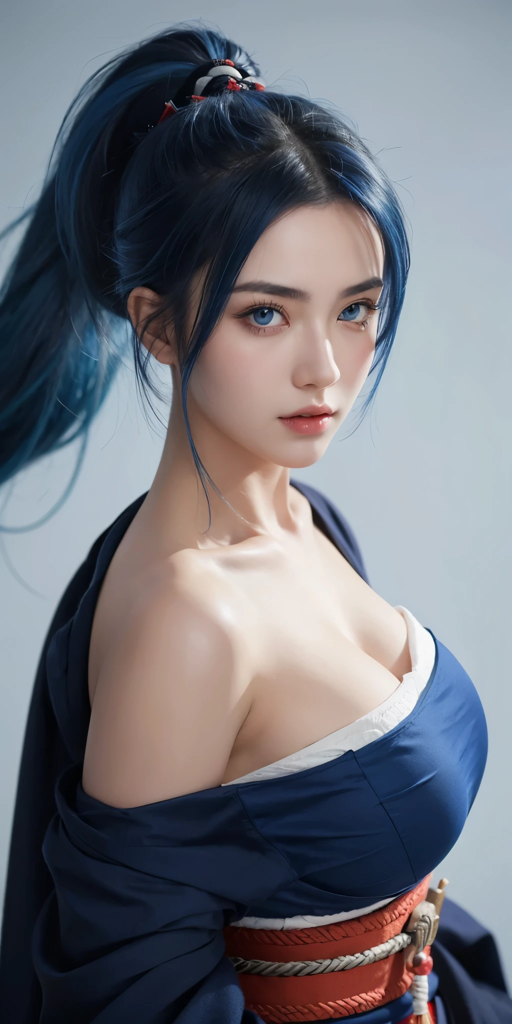 1girl,big breast ,blue hair, blue eyes, ponytail ,bang,high quality, ultra detailed, masterpiece, realistic, samurai clothes