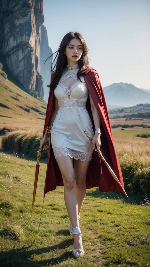 Young woman, White lace dress, (thin), hair, (hairแดง, hairตรง, hairยาวมาก), milk, (big breasts, เต้าmilkใหญ่, breast augmentation), shape, (small waist, ร่างกายthin), (majestic, Charming Succubus), (Short white dress, tight fitting, gold pattern), (Red coat, floating cloak), (Low angle shot, Walking Pose), (sky backdrop, cliff, meadow), (holding sacred weapons), CG, Realistic resolution, 8K