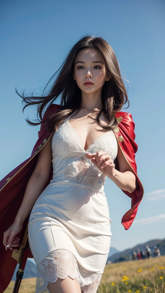 Young woman, White lace dress, (thin), hair, (hairแดง, hairตรง, hairยาวมาก), milk, (big breasts, เต้าmilkใหญ่, breast augmentation), shape, (small waist, ร่างกายthin), (majestic, Charming Succubus), (Short white dress, tight fitting, gold pattern), (Red coat, floating cloak), (Low angle shot, Walking Pose), (sky backdrop, cliff, meadow), (holding sacred weapons), CG, Realistic resolution, 8K