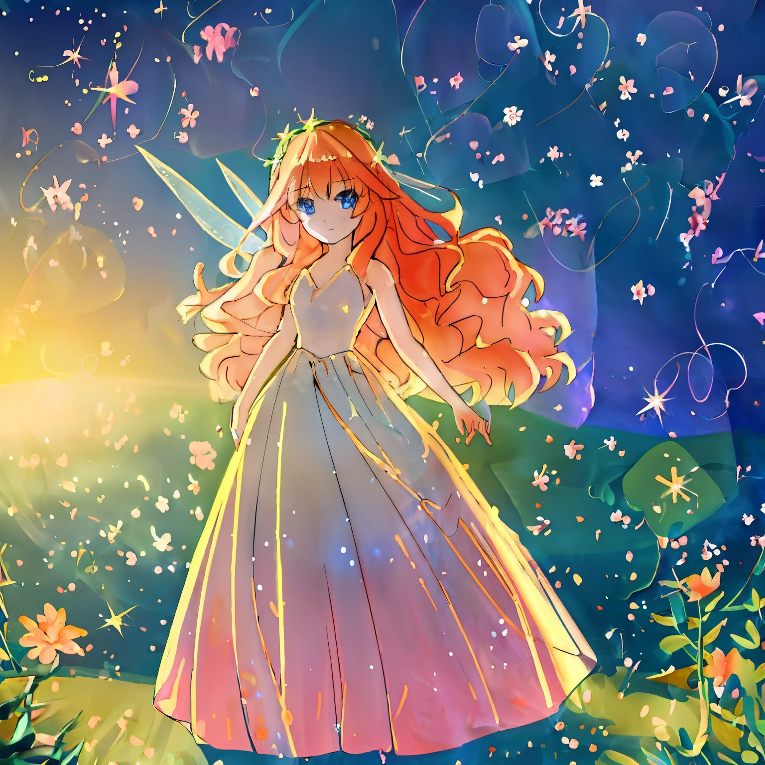 beautiful girl in flowing ballgown dress, (glowing fairy wings), glowing flowing ballgown, long wavy hair, sparkling fairy wings, watercolor illustration, flowers and colorful plants, inspired by Glen Keane, inspired by Lois van Baarle, disney art style, by Lois van Baarle, glowing aura around her, by Glen Keane, Itsuki Nakano, long fluffy red hair, blue eyes, nakano_itsuki,  jen bartel, glowing lights! digital painting, flowing glowing hair, glowing flowing hair, star hairclips, 5-point star hairclips, beautiful digital illustration, fantasia otherworldly landscape plants flowers, beautiful, masterpiece, best quality, anime disney style