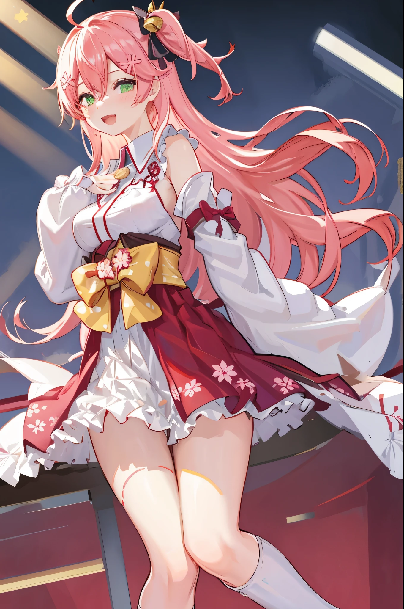 masterpiece, best quality, highres, sakura_miko, 1girl, (:1.3),medium_breasts, kimono, solo, ahoge, x_hair_ornament, pink_hair, floral print, hairclip,(side_less_clothes:1.3), (side_breasts:1.3), hair_bell, floral print, long_hair, hair between eyes, one side up, white_thighhighs, wide sleeves, open_mouth,(happy:1.3),green_eyes,smile,apart_legs,(overly_long_sleeves:1.3),),sleeves_past_wrists,hands_hidden_sleeves,sidelock_clothes,solo,hidden_wrists,(XD:1.5),covered_nipples,sunlight,(bare_flank:1.3),boots,open_mouth,kimono,close_eyes,.